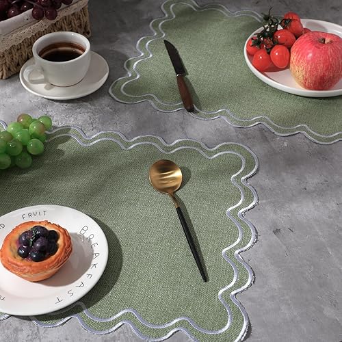 Miniatura 4 de Juego de 6 manteles individuales de algodón y lino, 13 x 19 pulgadas, manteles individuales bordados ondulados festoneados, de doble capa, lavables,