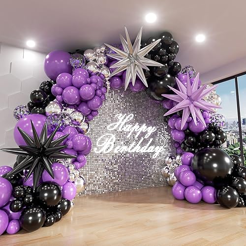 Miniatura 11 de Kit de guirnalda de arco de globos negro y dorado, 185 piezas; globos de látex con confeti negro, blanco, metálico y dorado con forma de estrella en