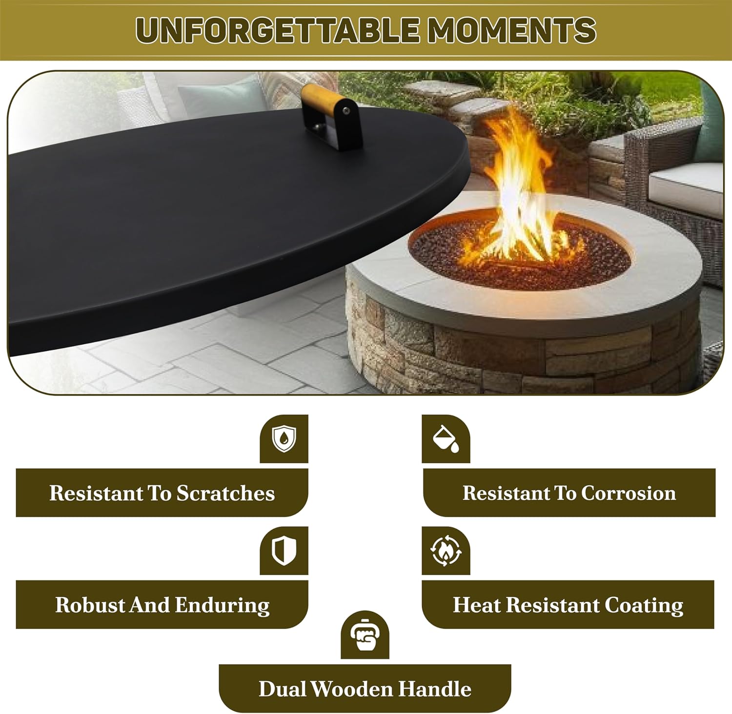 FEBTECH Fire Pit Cover Round 31" - Carbon Steel Solid Fire Pit Snuffer With Heat Resistant Coating - Perfect for Firepit Inside up to 29 Inch - Must Have Fire Pit Accessories for Outdoor Camping