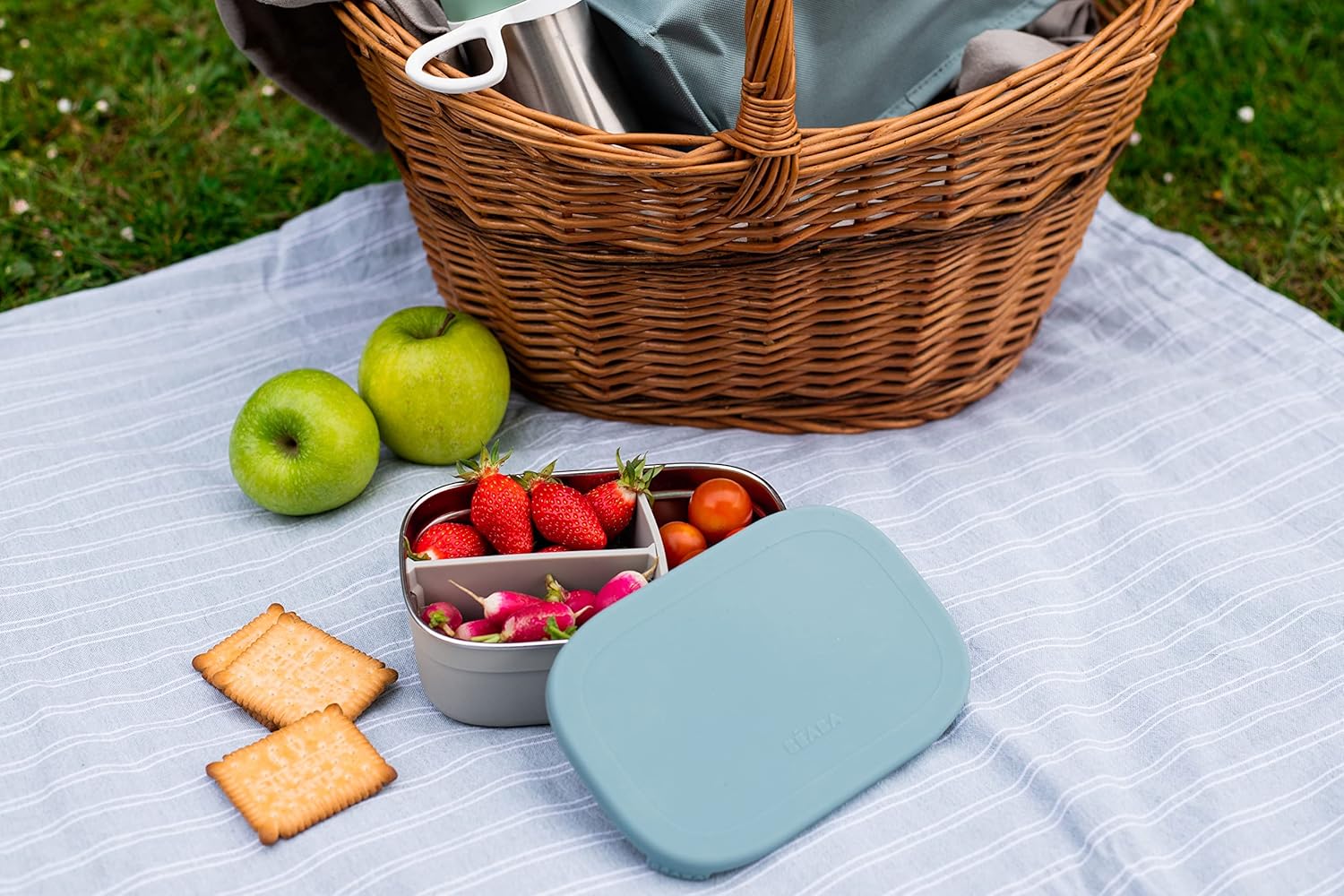 Beaba Stainless Steel Lunch Box, Kids Lunch Box with Silicone Lid, Bento Style Food Containers, Removable Silicone Dividers Make 1-3 Compartments, Rain