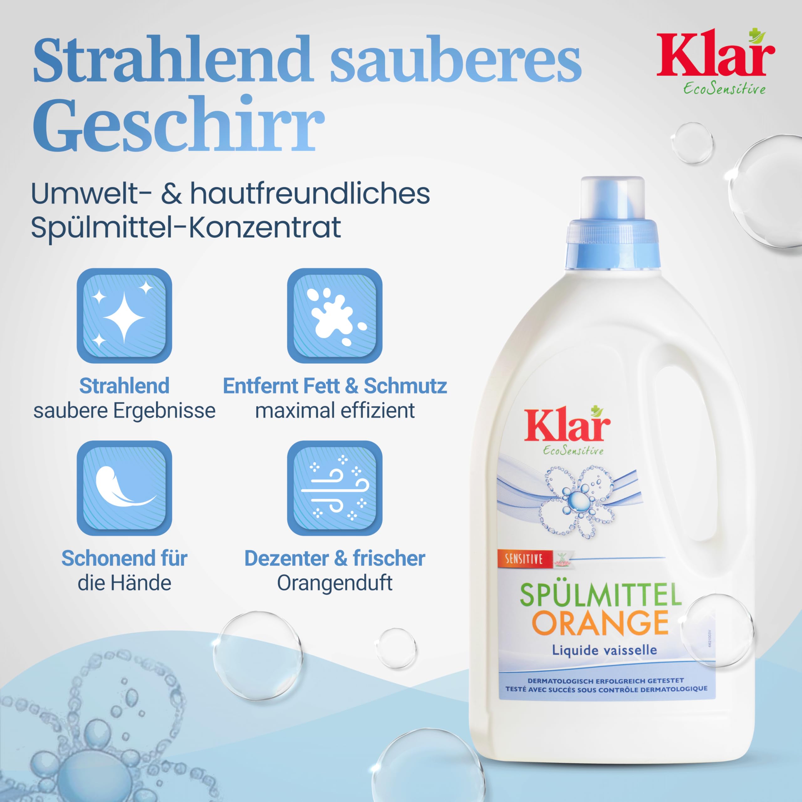 Klar EcoSensitive Spülmittel ORANGE, 1,5l - Spüli mit hoher Fettlösekraft
