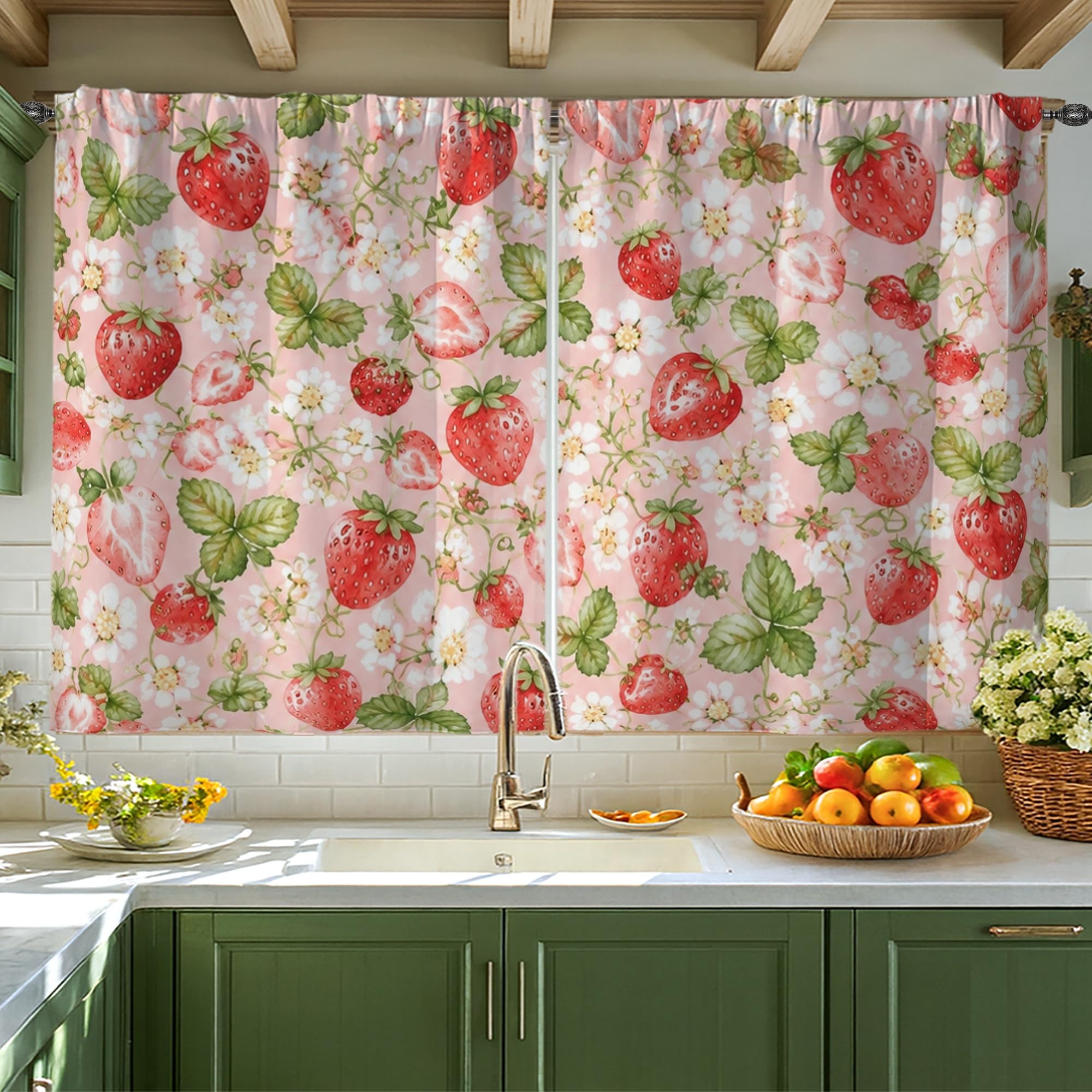 Rideaux de cuisine à étages design fraises et fleurs rouge d'été