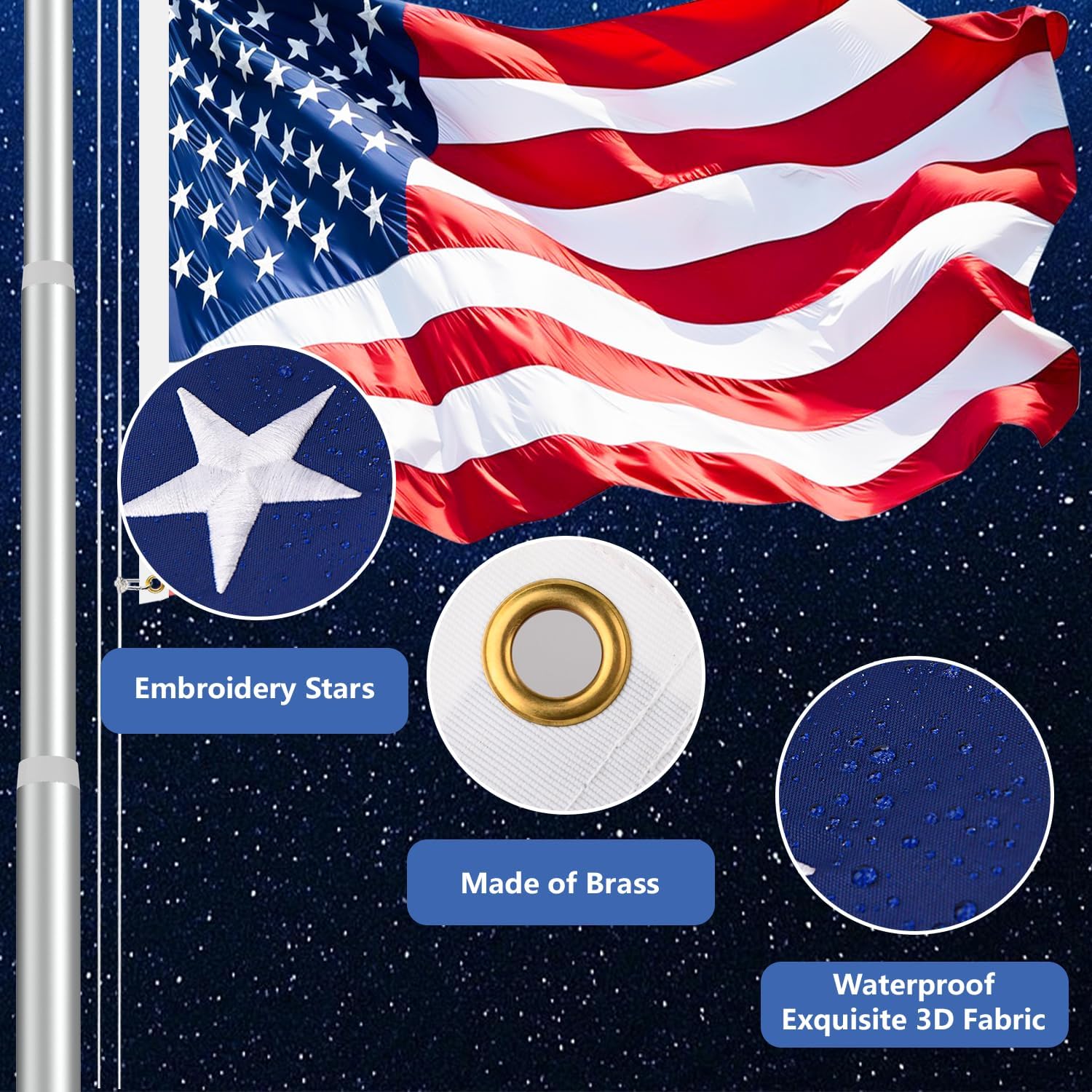 10 Gauge Heavy Duty Flag Pole Kit Light Solar, 120MPH 3mm Thick Flagpole Hardware Kit for 2 Flag for Outside House In Ground Use, 25FT Silver with One 3x5 Flag