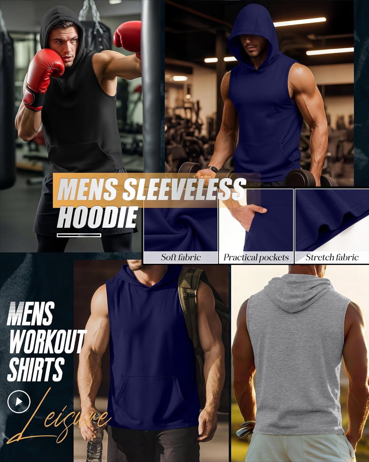 3 Pack Men's Workout Hooded Tank Tops Sleeveless Gym Hoodies Muscle Bodybuilding Cut Off Shirts