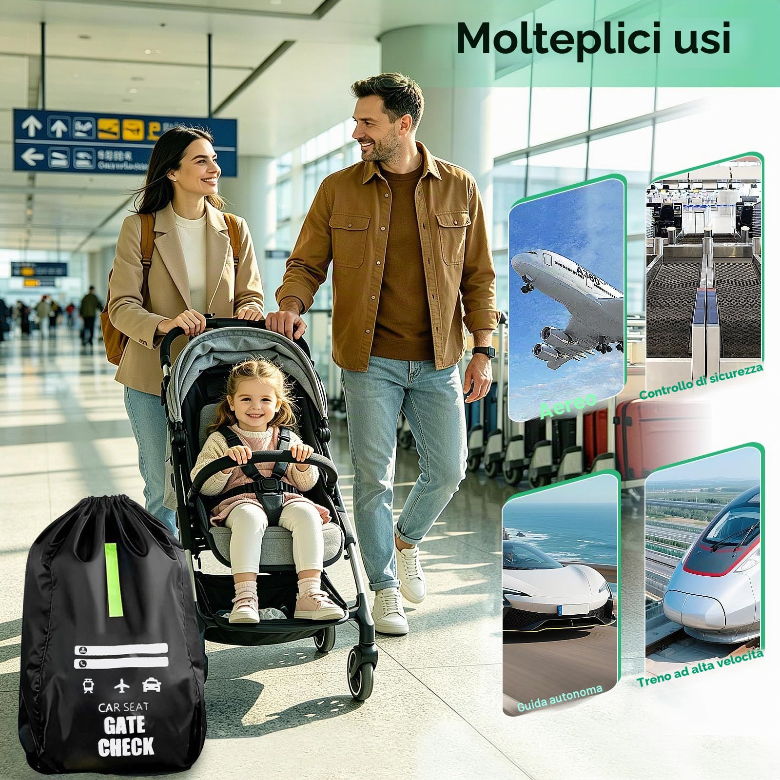 91 × 46 × 46 cm Borsa Passeggino Universale, Borsa per Passeggino Impermeabile Pieghevole con Tracolla, Zaino Passeggino per Viaggi In Aereo, Seggiolini Auto Convertibili e Booster, Nero