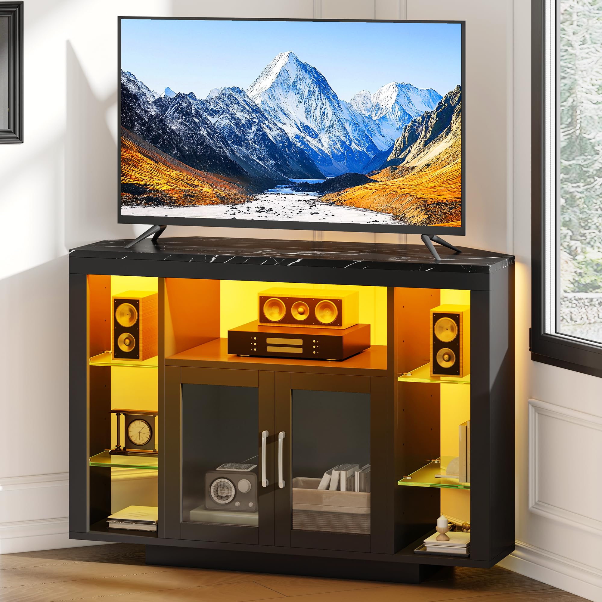 YITAHOME 100CM Mueble de TV esquinero con iluminación led RGB, Unidad de TV de Esquina para TV de hasta 55 Pulgadas con 7 estantes Abiertos del Centro de Entretenimiento de Juegos Estante de TV