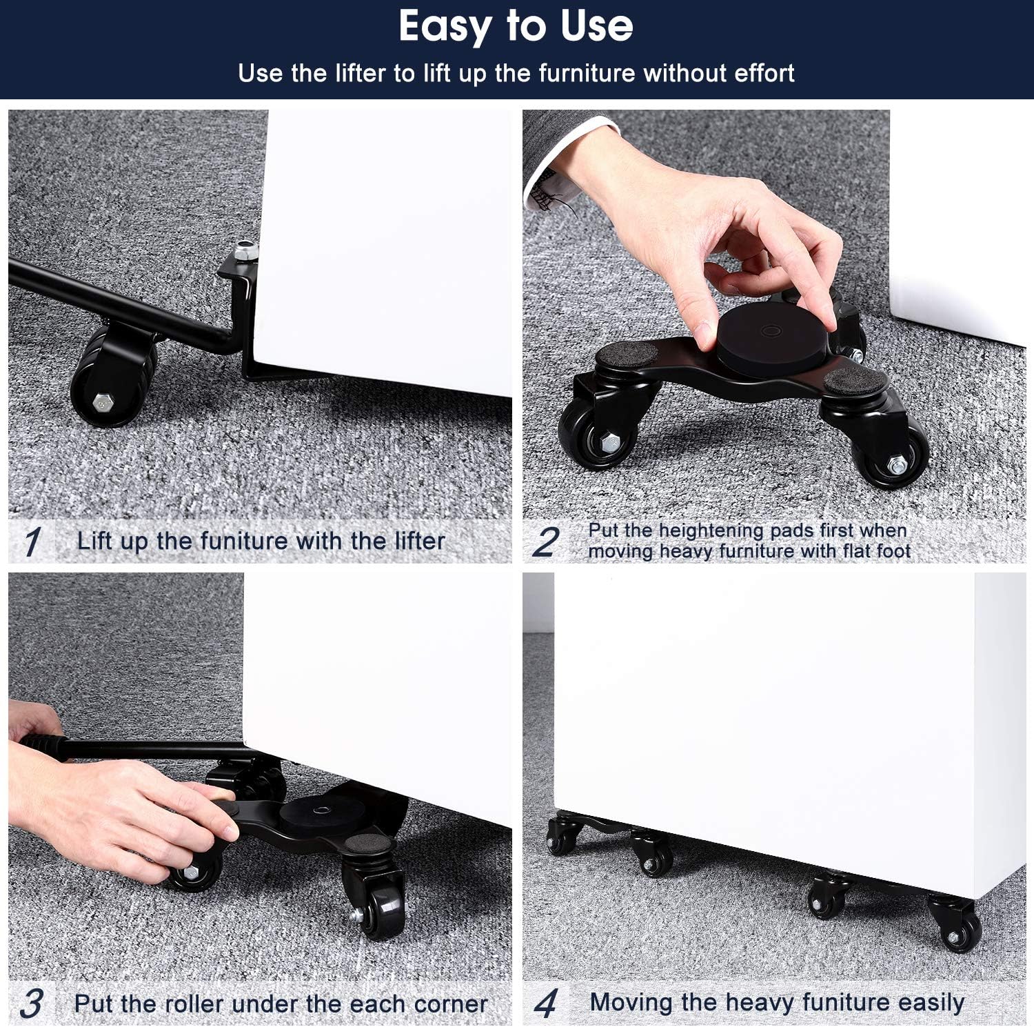 4-Pack Steel Tri-Dolly Set, 6-Inch, 132 lbs Load Capacity Each Pack, 3 Wheels Mover Dollys for Moving Heavy Furniture, Grand Piano Table