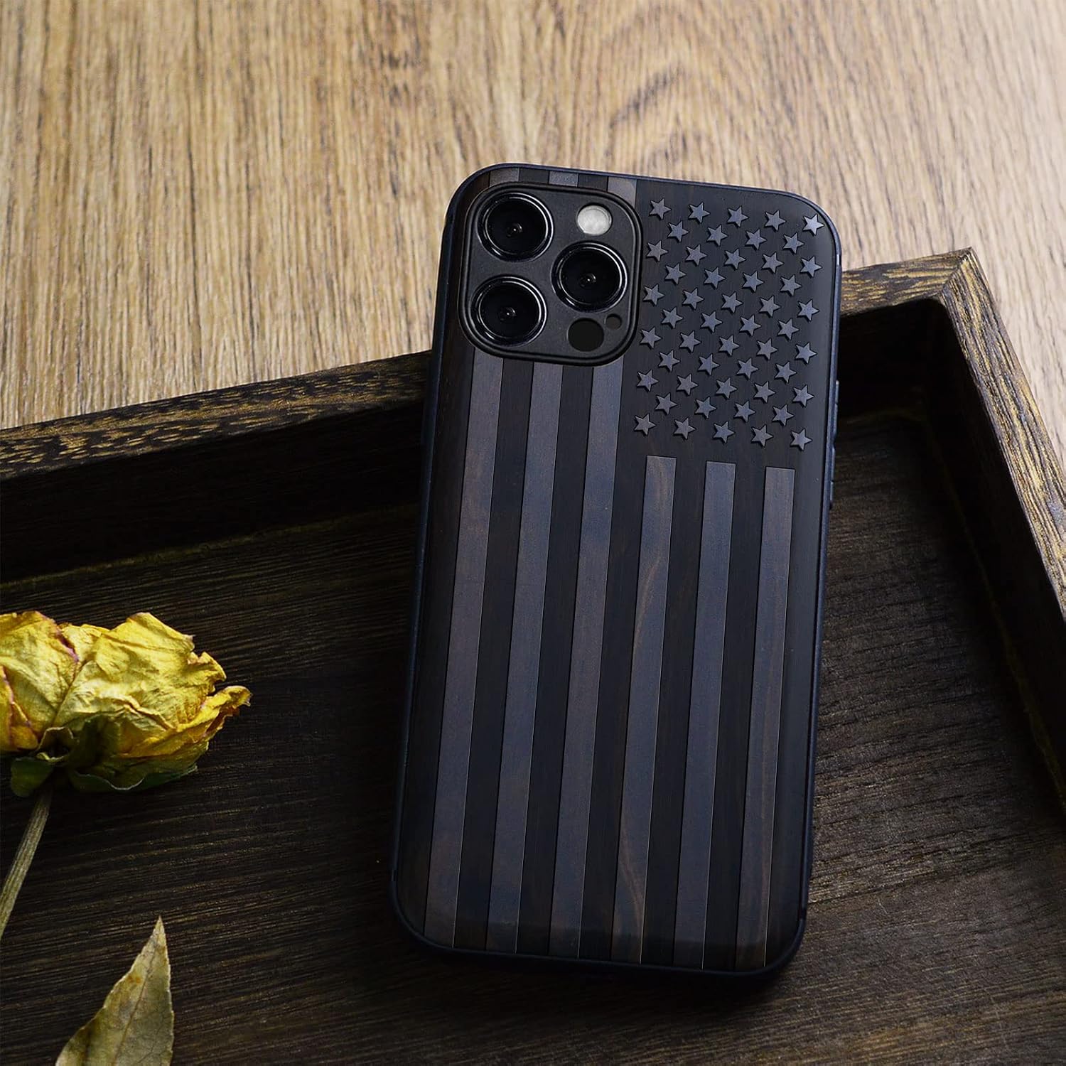Carveit Magnetic Wood Case for iPhone 12 Pro Case [Natural Wood & Black Soft TPU] Shockproof Protective Unique & Classy Wooden Cover Compatible with MagSafe (American Flag -Blackwood)