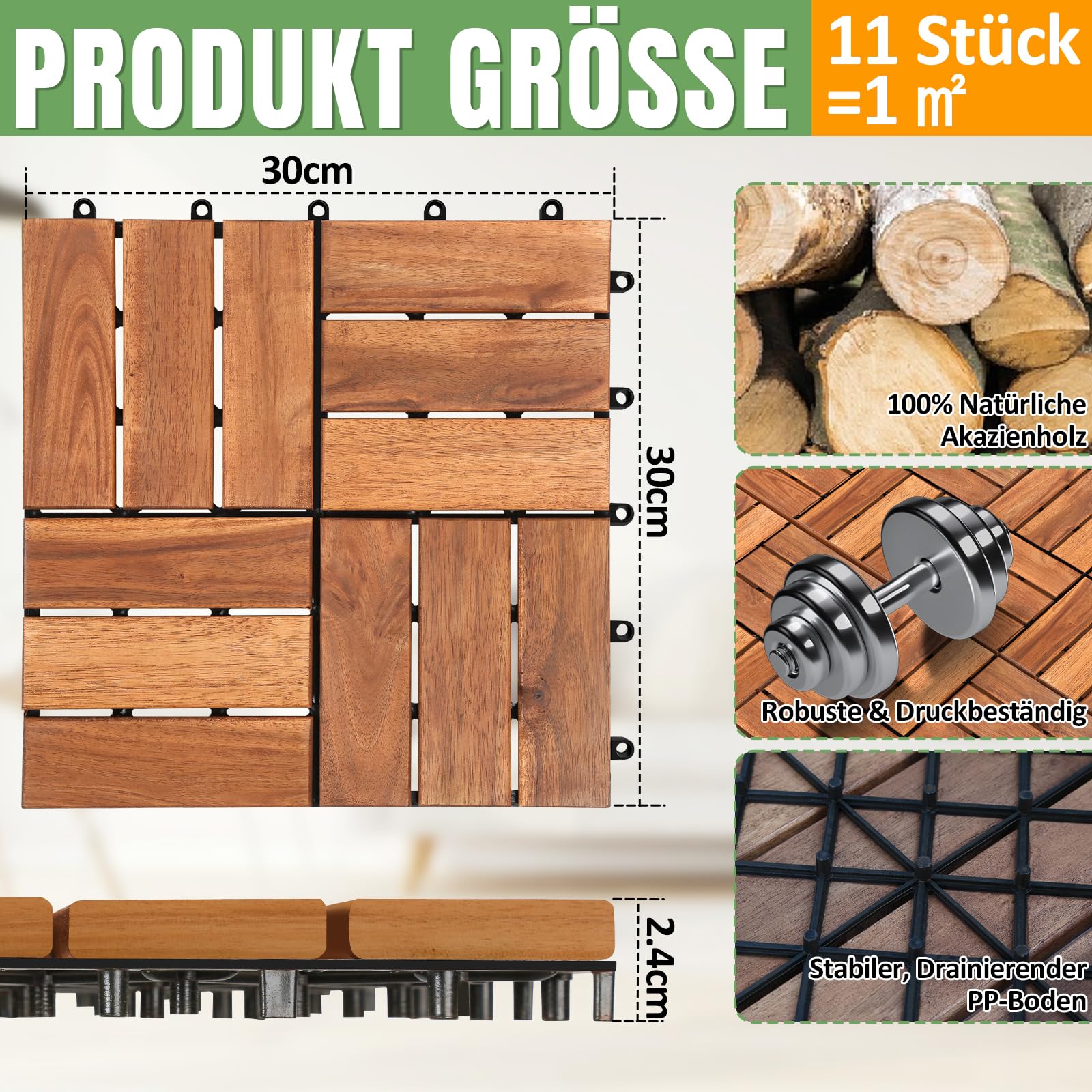 Baldosas de madera de 4 m² para balcón, terraza, 30 x 30 cm, resistente a la intemperie, 12 láminas de madera de acacia, para terrazas, balcones, jardines (44 unidades)