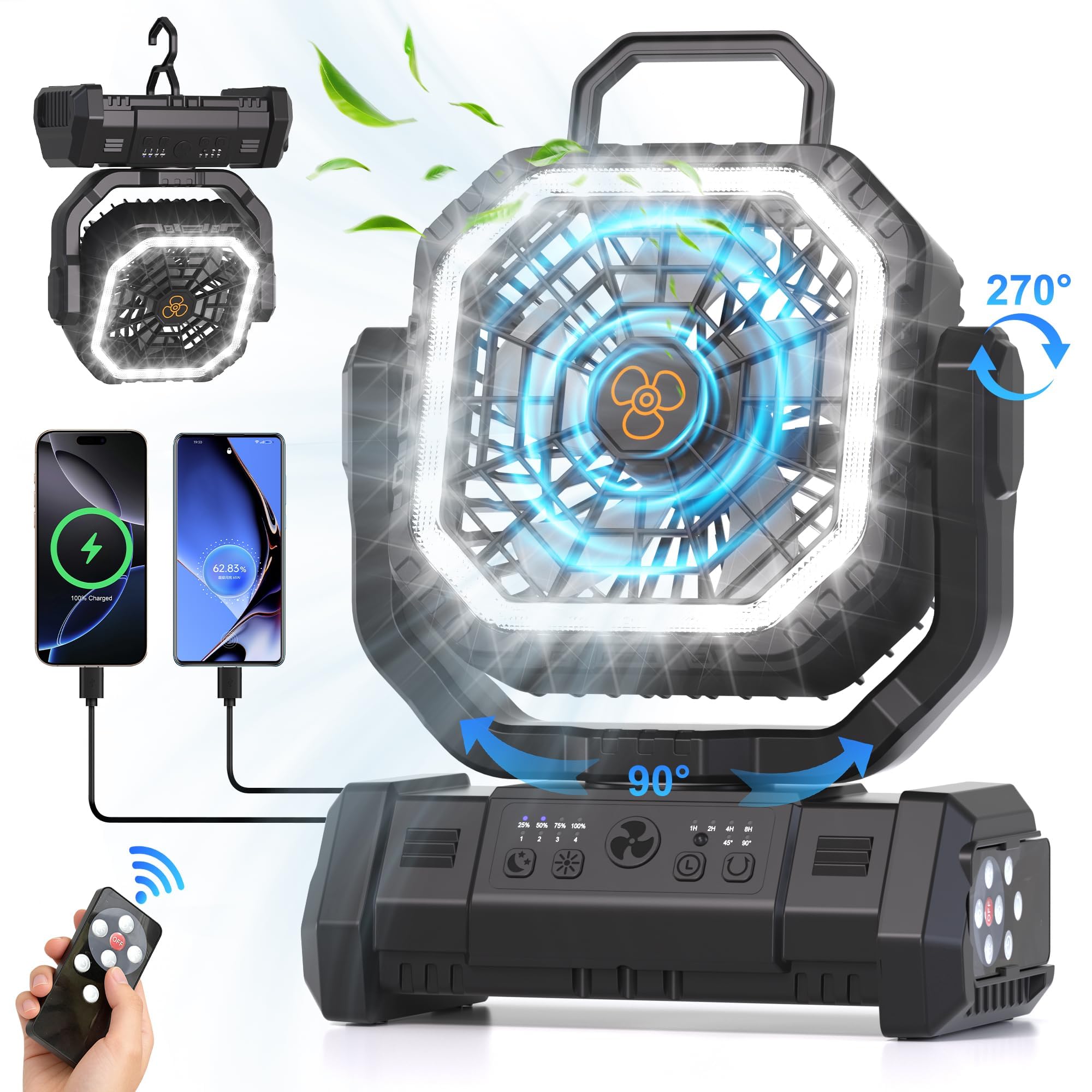 Ventilatore portatile ricaricabile, 20000 mAh, senza fili, alimentato a batteria, con luce LED e telecomando, 4 velocità di vento, timer, USB C, gancio per appendere a 360°, ventole oscillanti per