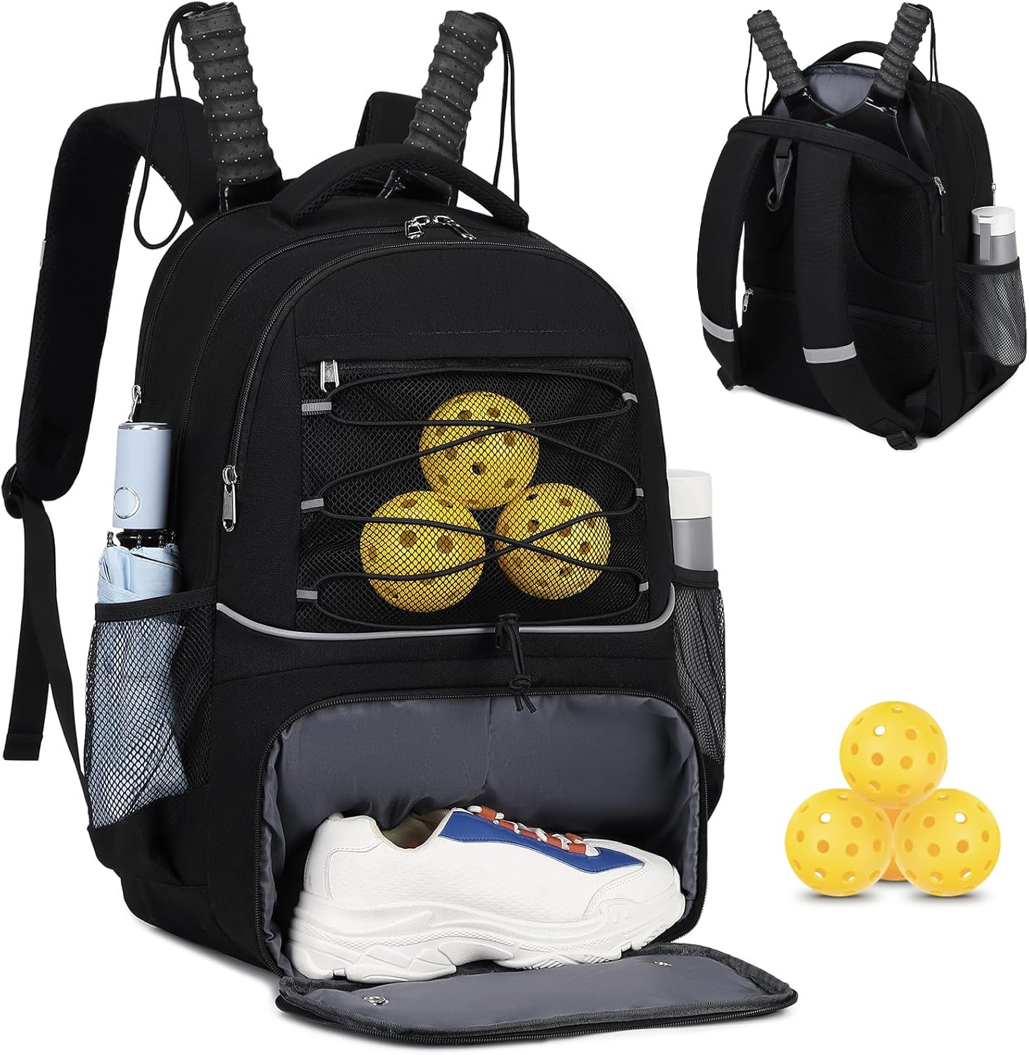 Bevalsa Pickleball Bag Backpack for Women Men Teens, Tennis Backpack Tennis Bag with Shoe Compartment, Multifunctional Sports Padel Racket Bag Badminton Backpack Fits 4 Rackets with Fence Hook Black