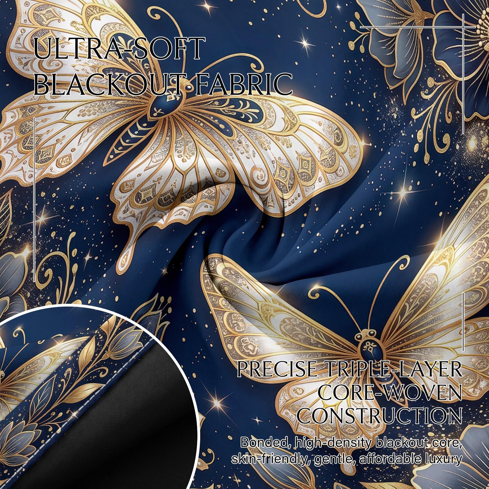 Luksusowe eleganckie zasłony zaciemniające do sypialni, 2 panele szer. 140 x dł. 250 cm, białe złoto, motyl, królewski błękit, zasłony zaciemniające do salonu, zasłony na przelotkach, izolacja