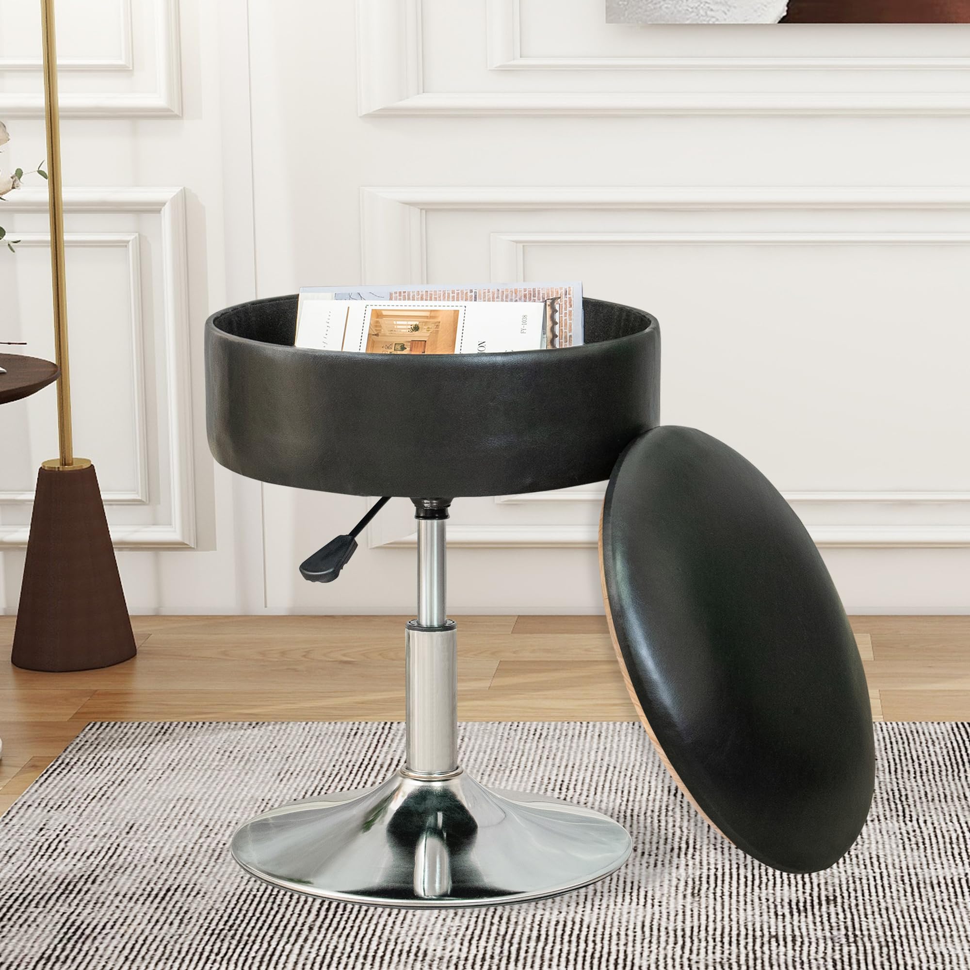 Adjustable Vanity Stool, 360° Swivel Vanity Chair for Makeup Room, PU Leather Round Storage Ottoman for Living Room, Bathroom, Big Size, Black