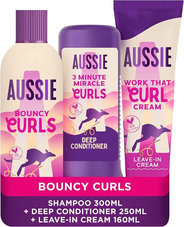 Aussie Bouncy Curls Bundle: Shampoo, Deep Conditioner, Leave in Curl Cream | For All Wavy, Curly, Coily Hair: Moisturised & Defined Curls, 48h Frizz Protection. With Coconut & Macadamia Nut Oils. Vegan