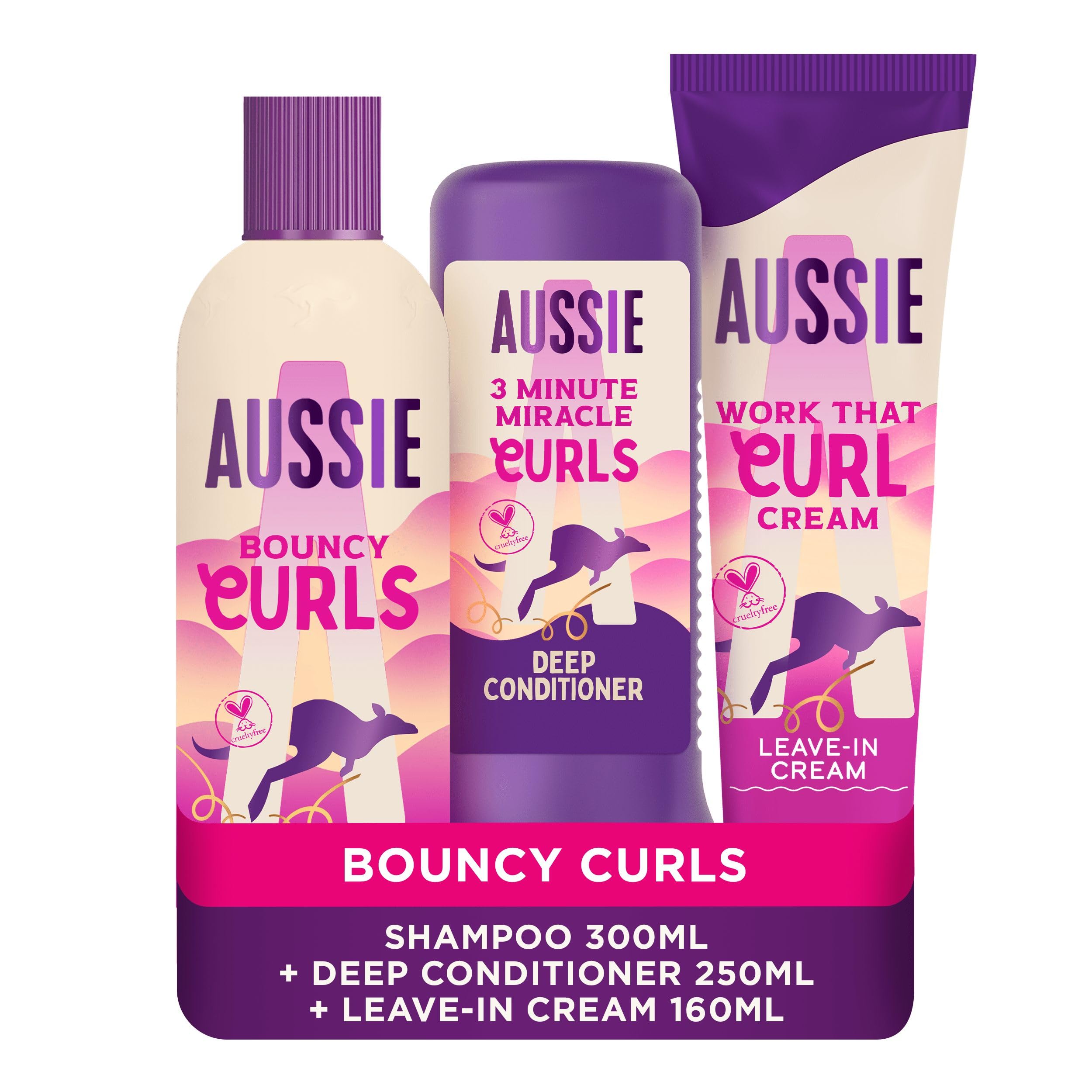 Aussie Curls Bundle: Bouncy Curls Shampoo 300ml, 3 Minute Miracle Deep Conditioner 250ml, Aussie Work That Cream 160ml