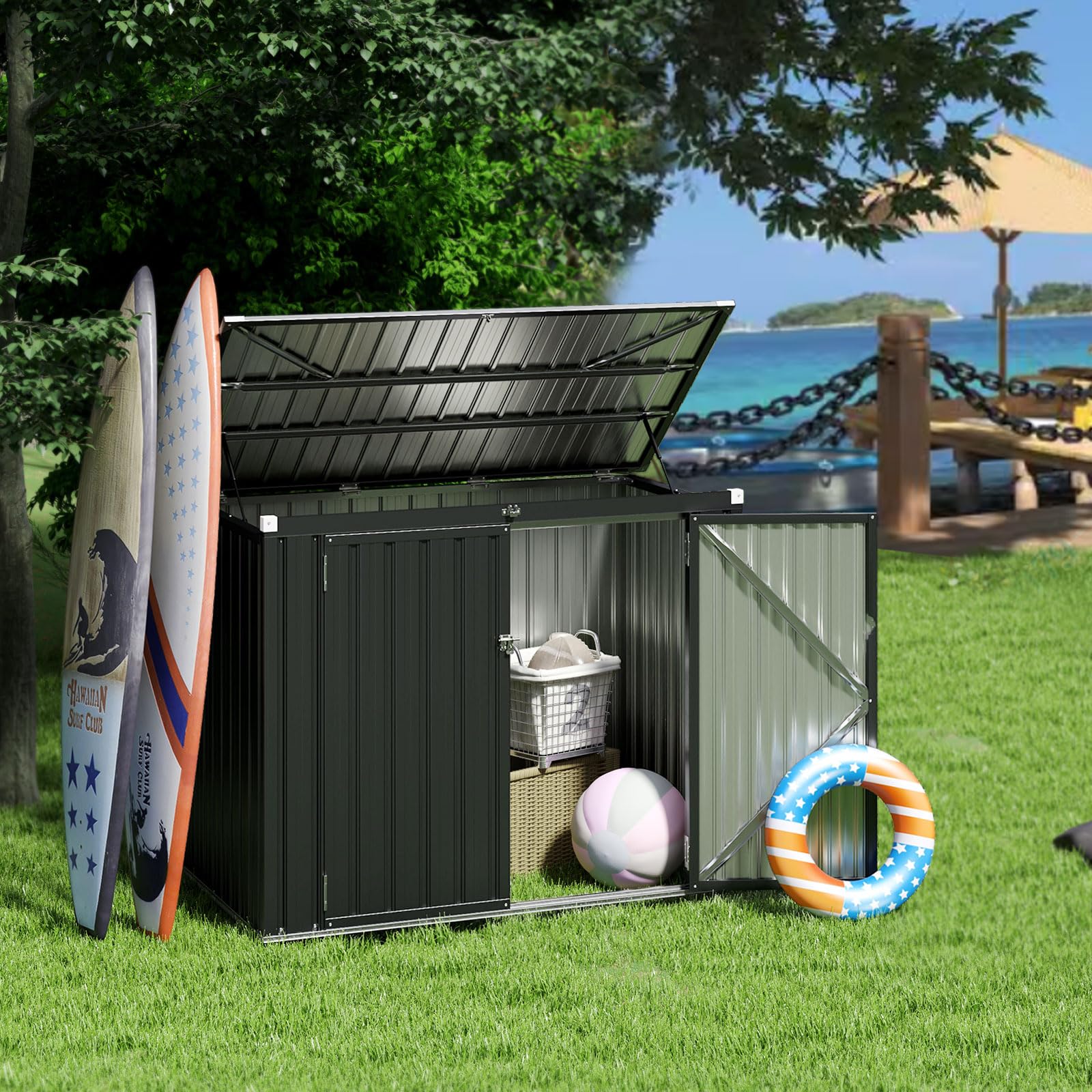 GOPLUS 1,51m² Abris de Jardin en Métal Galvanisé Extérieur, Cache Poubelle, Résistant aux Intempérie,Couvercle Relevable, 2 Portes Verrouillable, Structure Renforcée, 1,97m³,172x100x129cm (Gris)
