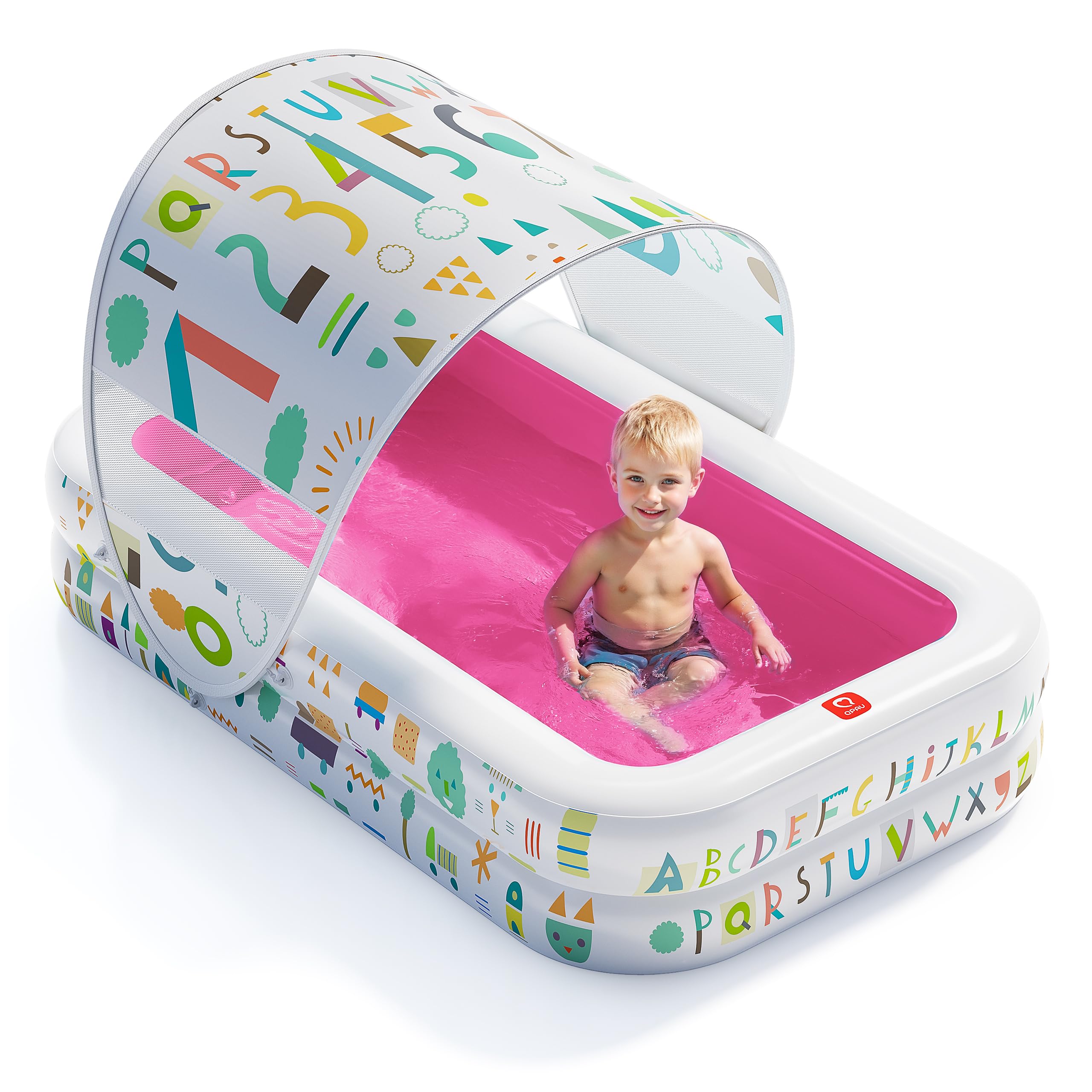 QPAU Baby Pool with Canopy, Inflatable Design, 65 x 39 in, Pink | Inflatable Design with Soft Cushioned Floor, Converts to a Ball Pit for Kids and Toddlers, for Indoor and Backyard Play