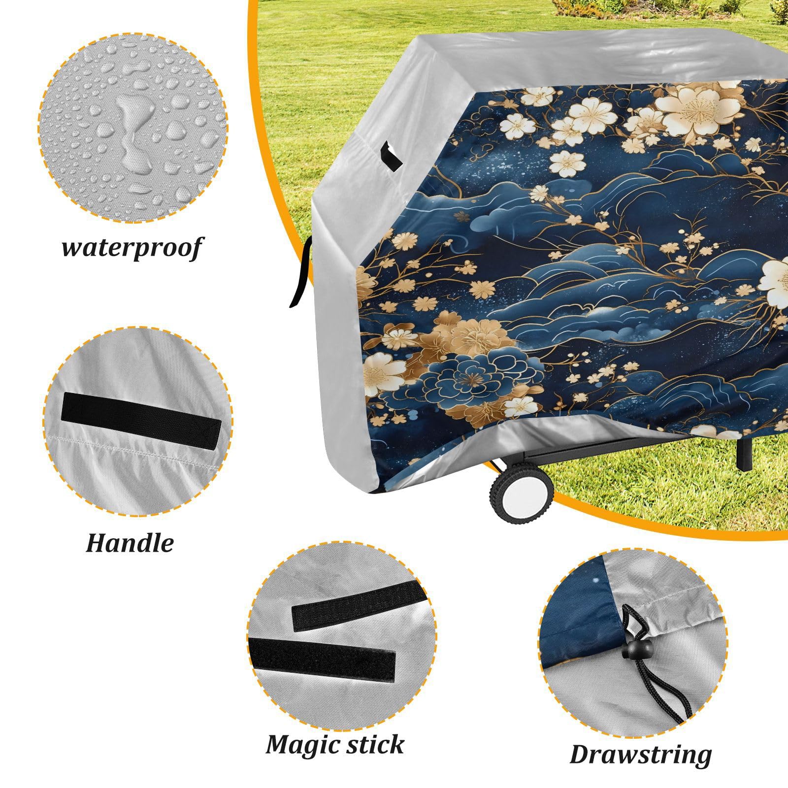 Coperture per barbecue a gas da 165 cm, resistenti e impermeabili, per barbecue all'aperto e griglie a gas, blu e oro, con fiori romantici retrò