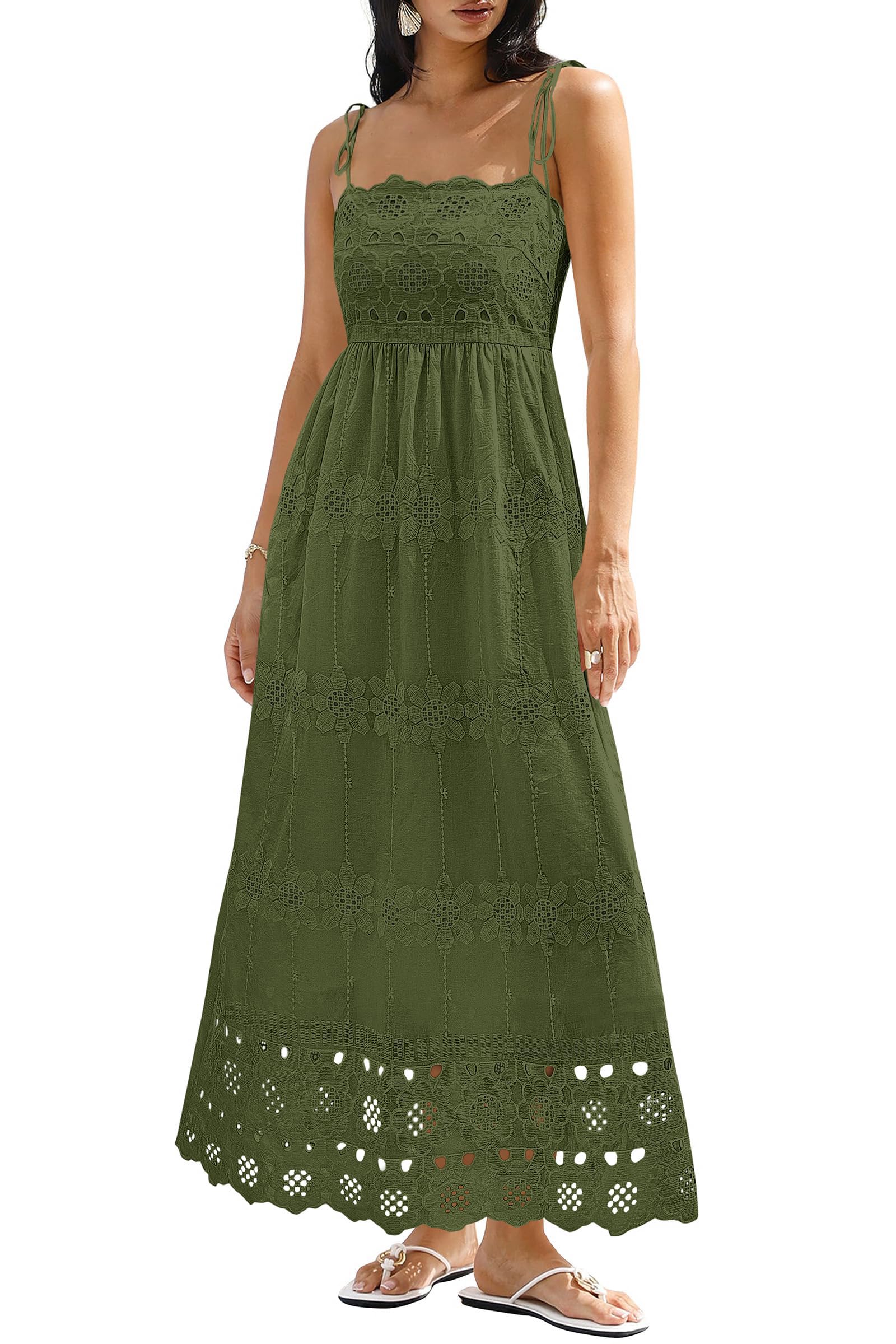 dowerme Womens Spaghetti Strap Eyelet Cotton Boho Maxi Dress