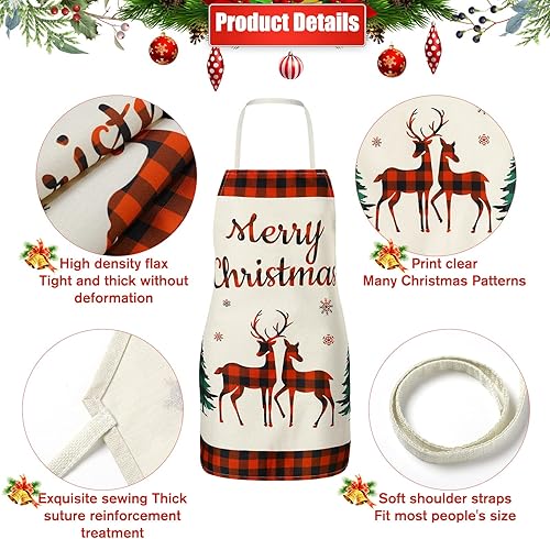 Miniatura 5 de Delantal de Navidad de 4 piezas, delantal de búfalo rojo y negro, delantal ajustable para hornear de cocina con palabras de copo de nieve