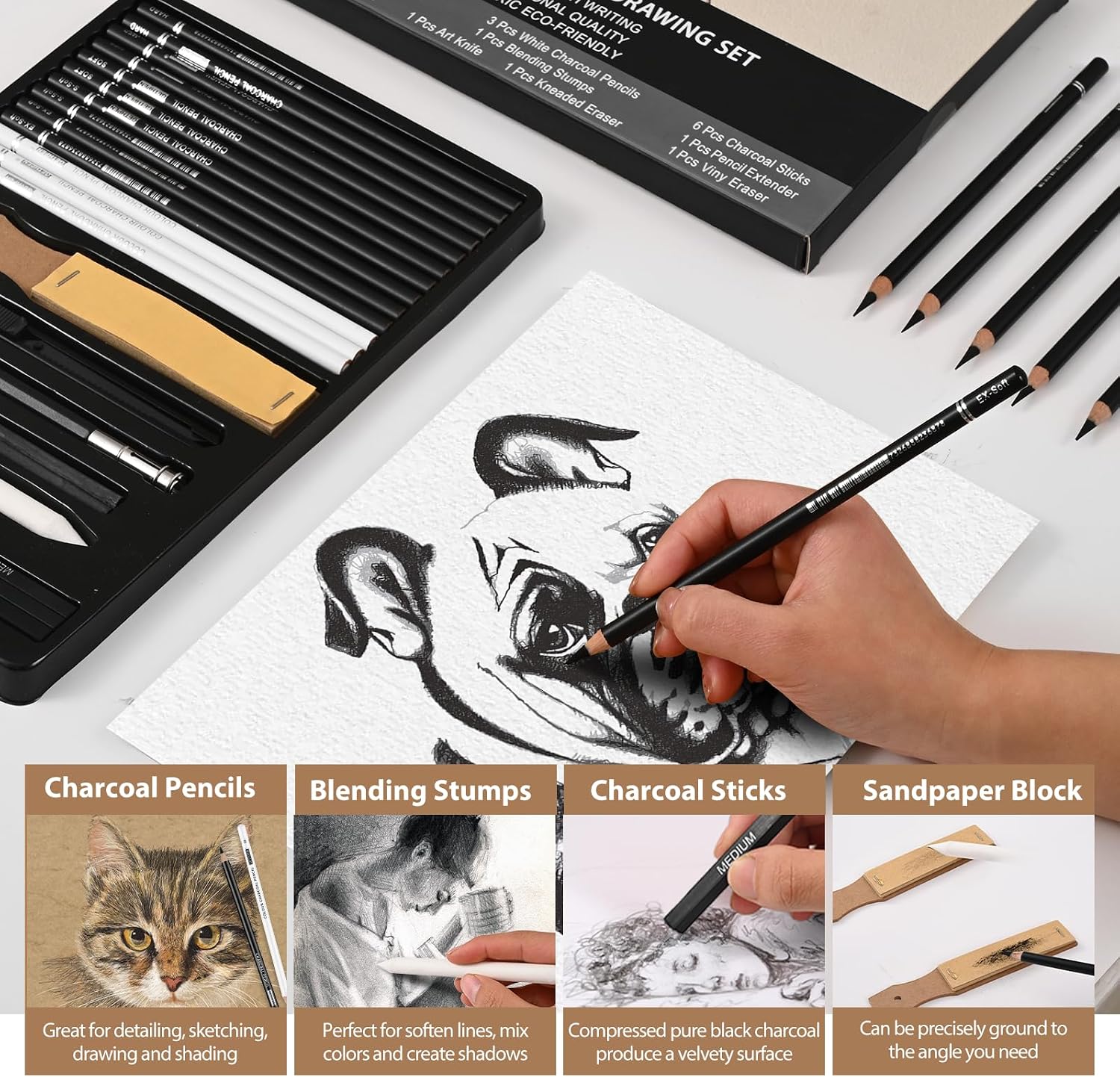 GETHPEN 27 Piece Charcoal Drawing Set - Professional Black & White Charcoal Pencils for Sketching, Shading & Blending, Graphite Sticks with Artist Art Supplies Kit (Beginners & Professionals)