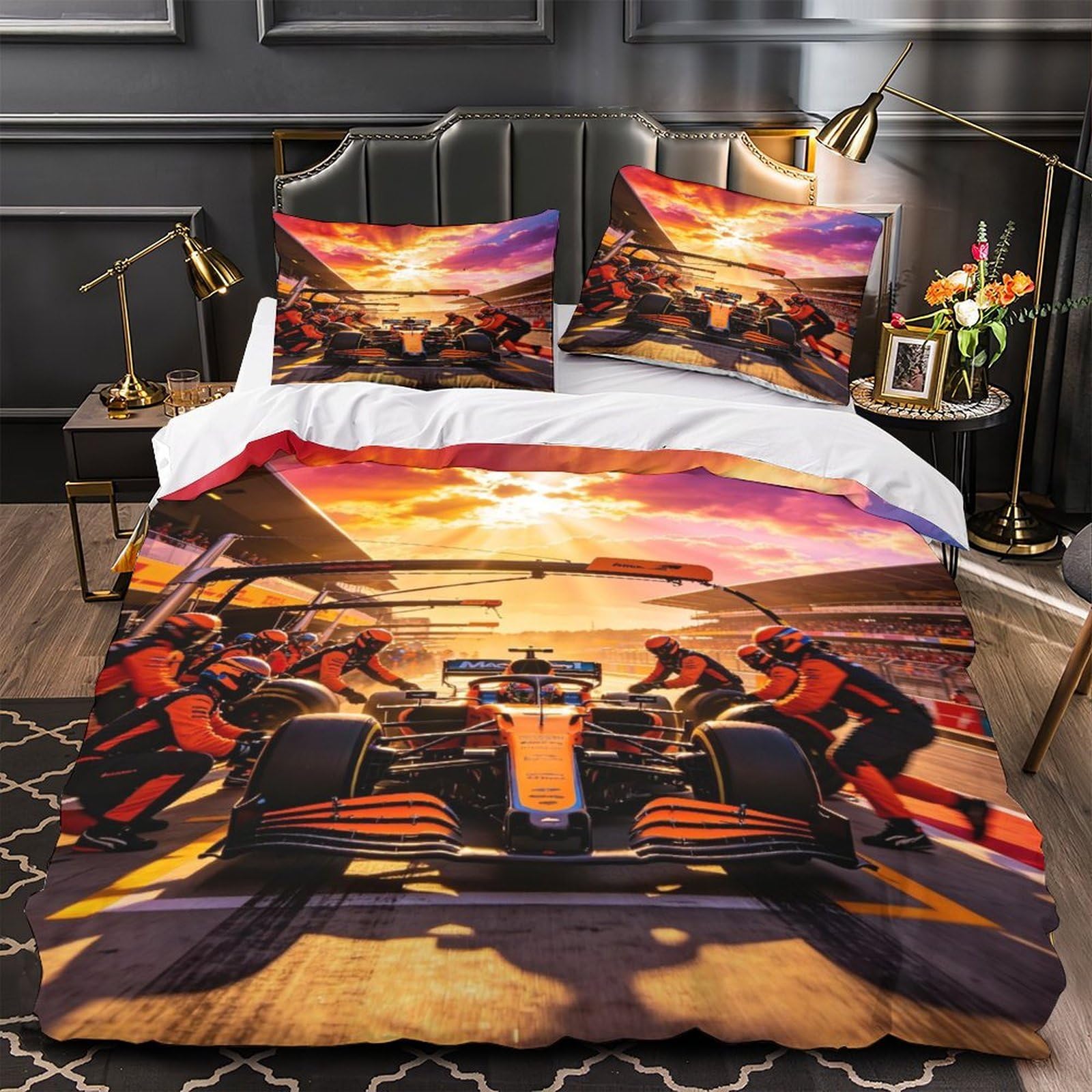 DAFUfbw Mclarenen Bedding Set With Hidden Zipper, King（220x240cm） Pit Stop Duvet Cover Set with Pillowcases, Pit Stop Pattern Quilt Cover Set Soft Microfiber