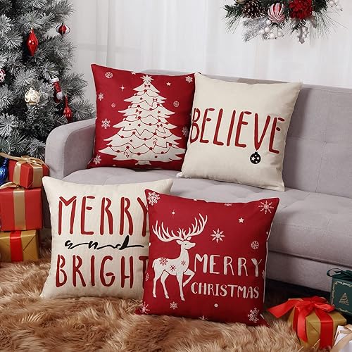 CAROMIO Juego de 4 fundas de almohada decorativas de Navidad de 18 x 18 pulgadas, fundas de almohada decorativas de granja para el hogar, ciervos, CAROMIO Juego de 4 fundas de almohada decorativas de Navidad de 18 x 18 pulgadas, fundas de almohada decorativas de granja para el hogar, ciervos,