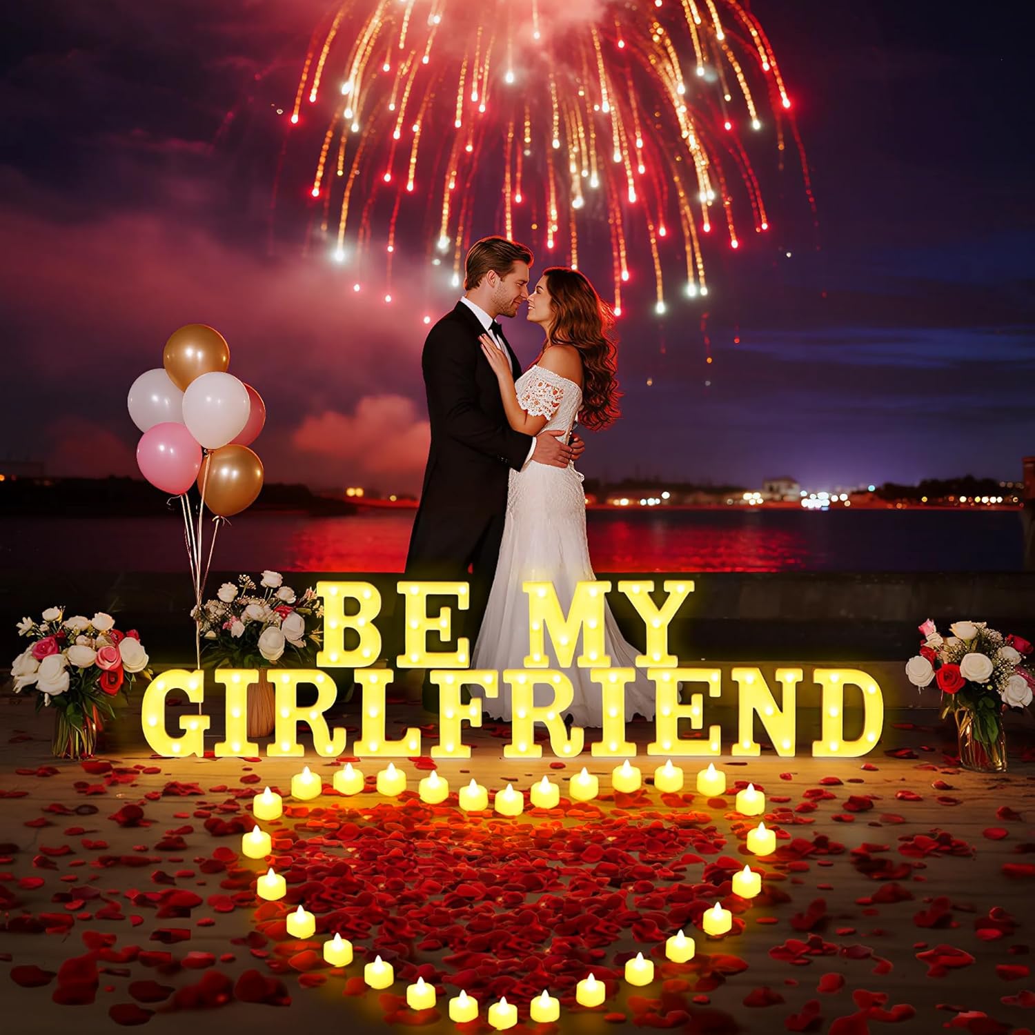 2038 Pcs Be My Girlfriend Light Up Letters Proposal Decorations, Be My Girlfriend Sign with 24 Pcs Heart Flameless Candles 2000 Pcs Rose Petals for Valentine's Day Romantic Night Decor - Image 3