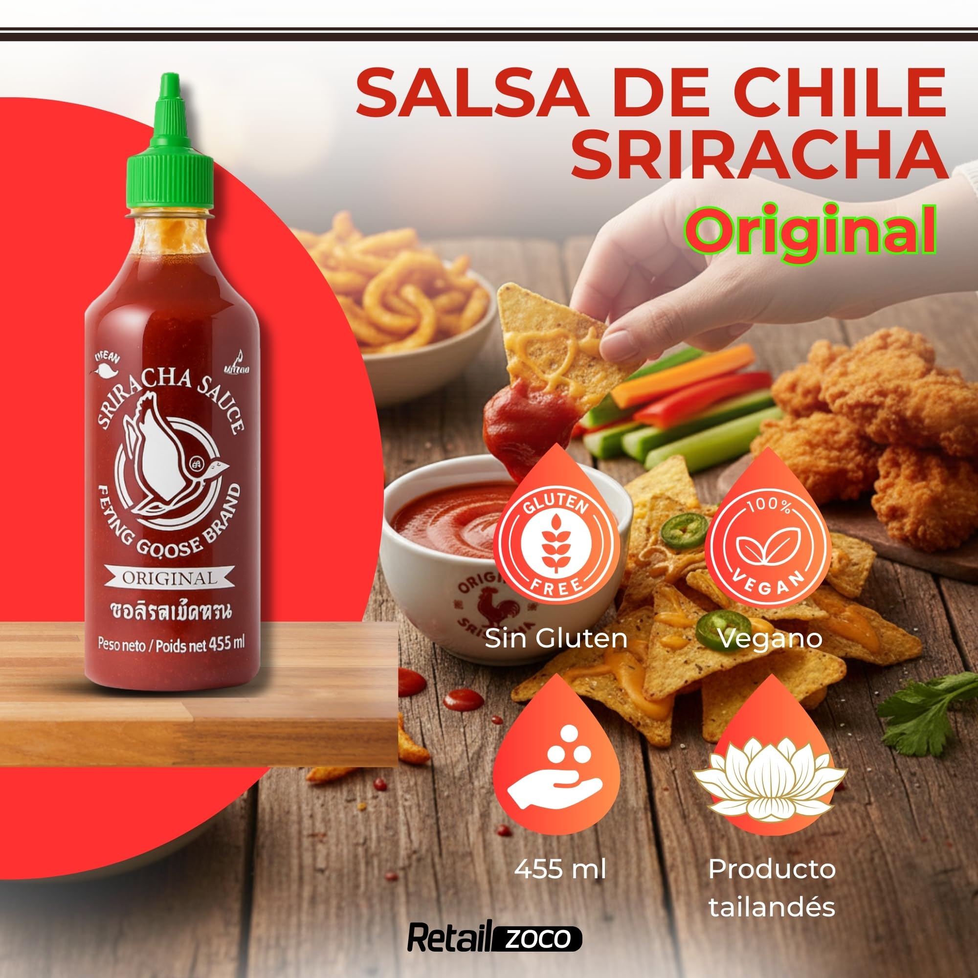 Salsa picante Sriracha, Salsa Chile Sriracha, Condimento con toque Picante, Flying Goose, Sin Gluten, Vegana, Halal, Ideal para cualquier comida, 455 ml