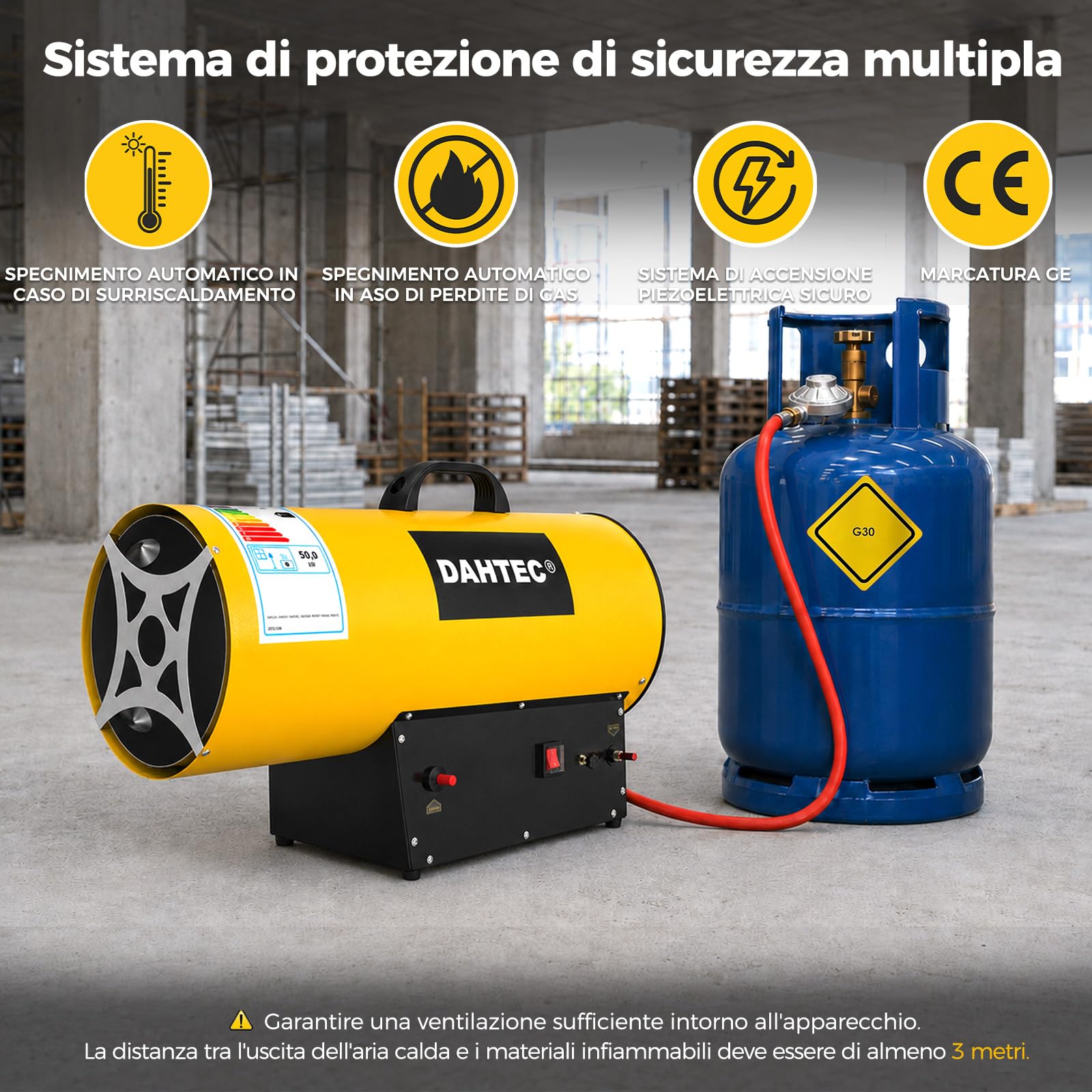 30-50 kW Riscaldatore a Gas Cannone Termico Termoventilatore a Gas Potenza Regolabile Accensione Piezoelettrica
