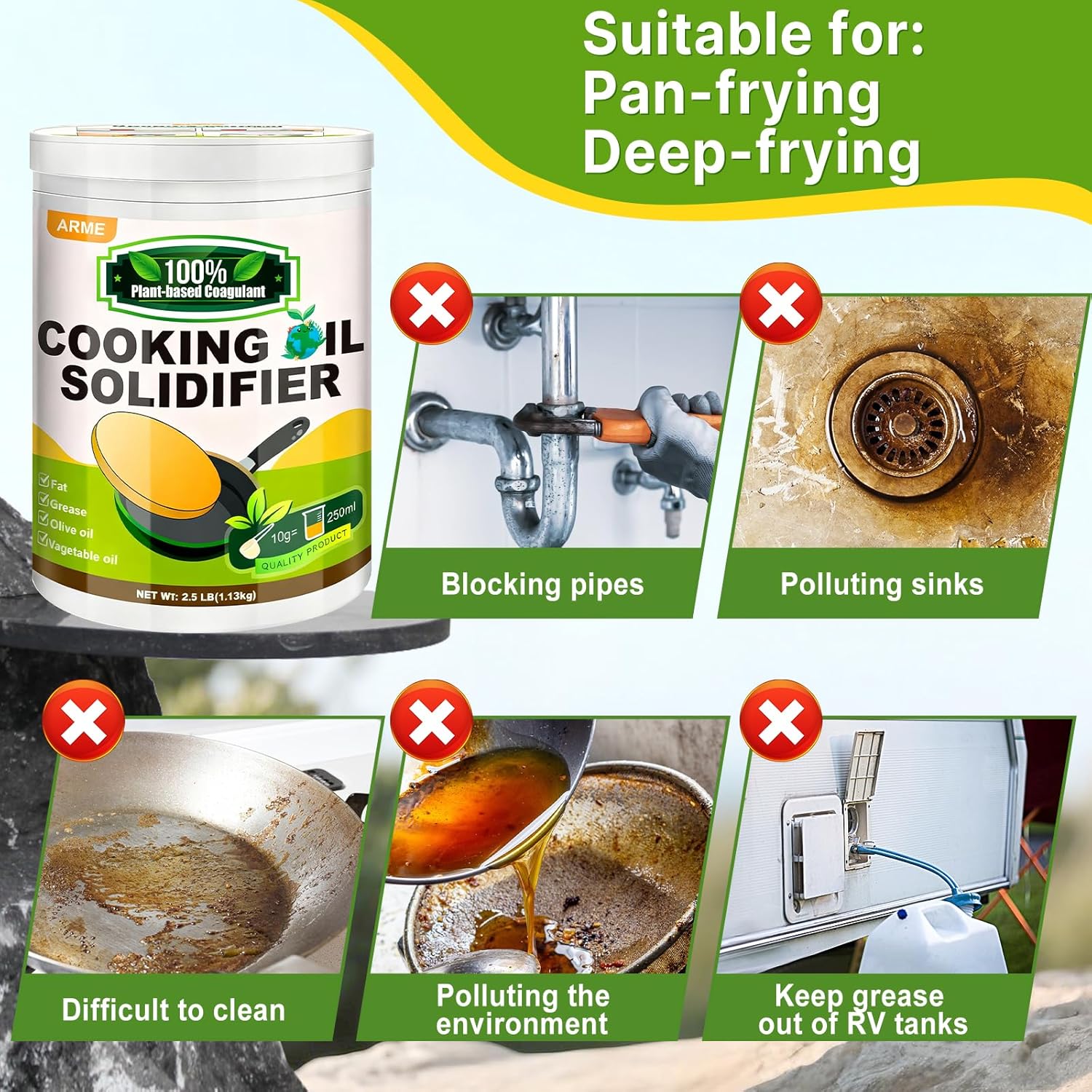 Arme Oil Solidifier, 40 Oz(2.5Lb) Cooking Oil Solidifier for Disposal(Disposal Up to 7.4 Gallons/113Cups), 100% Plant-Based Grease Solidifying Powder, Fat Hardener for Disposal Kitchen&Restaurant Use
