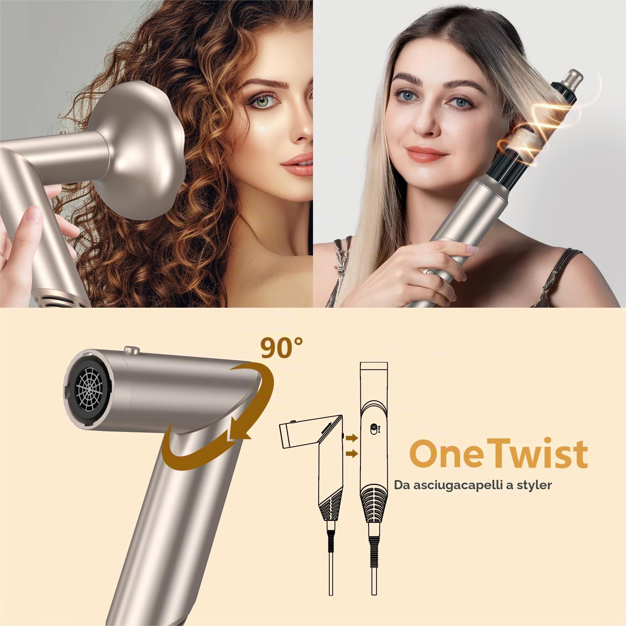 Modellatori Capelli Spazzola Ad Aria Calda con Diffusore, 6 in 1 Air Styler Spazzola Asciugacapelli, Hairstyler Phon Capelli con Arricciacapelli Ad Aria Volumizzante Spazzola Lisciante, Platino-oro