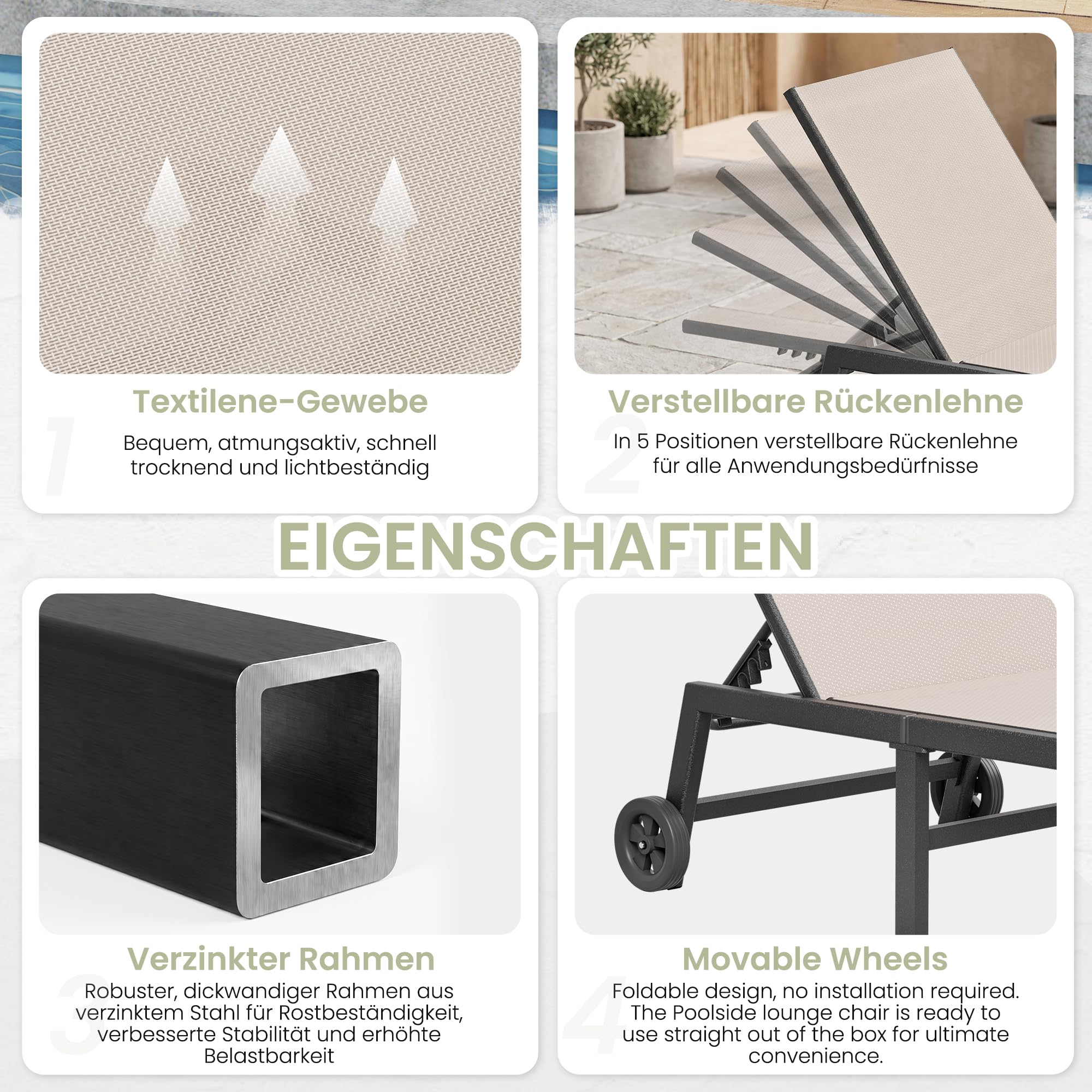 UDPATIO Sonnenliege 2er Set mit Tisch, Gartenliege wetterfest mit Rollen, 5-Fach Verstellbar, Relaxliege, Liegestuhl für Garten, Poolbereich, Balkon, bis 150 KG, 3-teilig, Beige