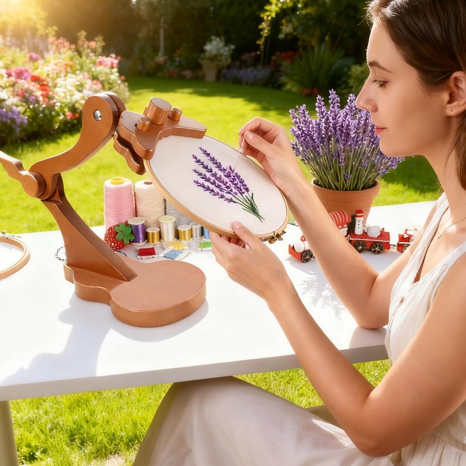 Adjustable Embroidery Stand with Violin-Shaped Base, Beech Wood Cross Stitch Hoop Holder, Lap & Tabletop Frame with Clamp for Quilting Needlework