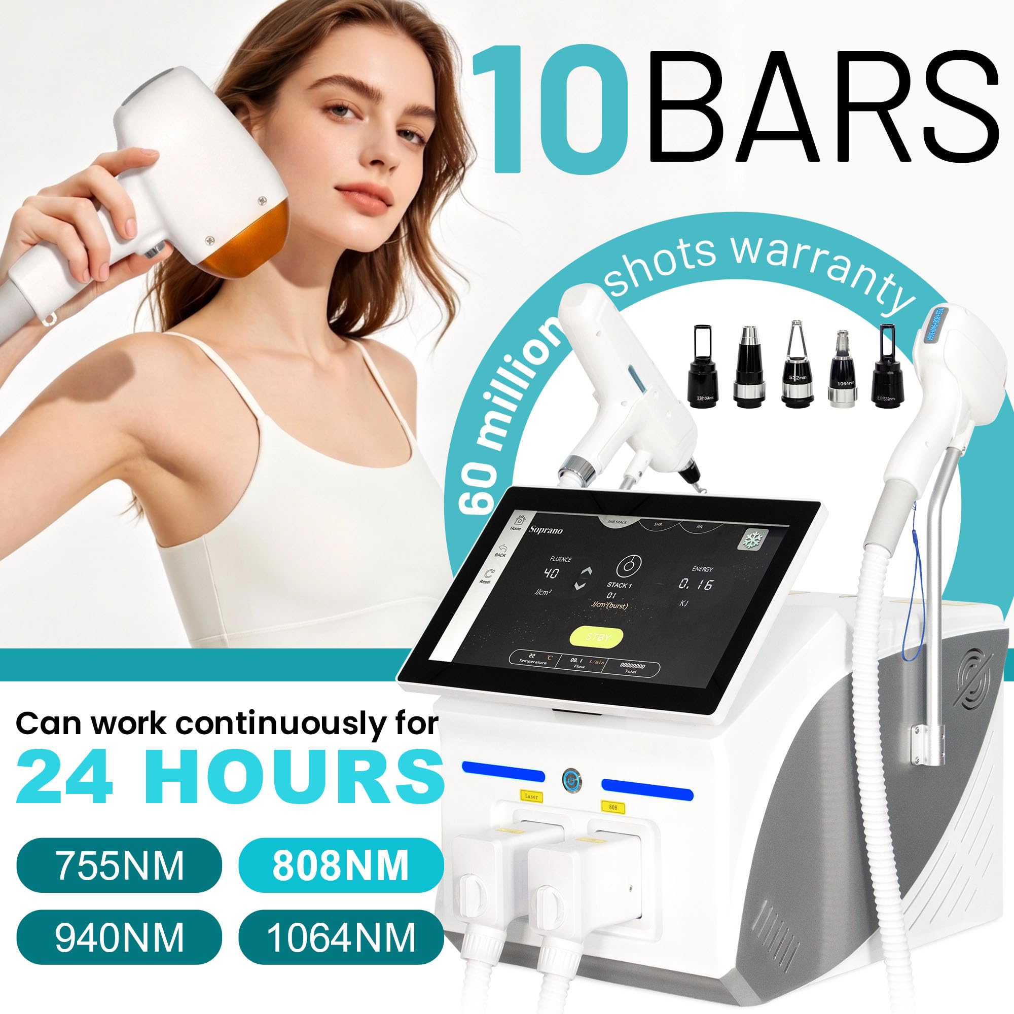 10 Bars!Epilatore Laser a Diodo, 4 Lunghezze d'Onda, Schermo Touch e Sistema di Raffreddamento, Casa e Saloni