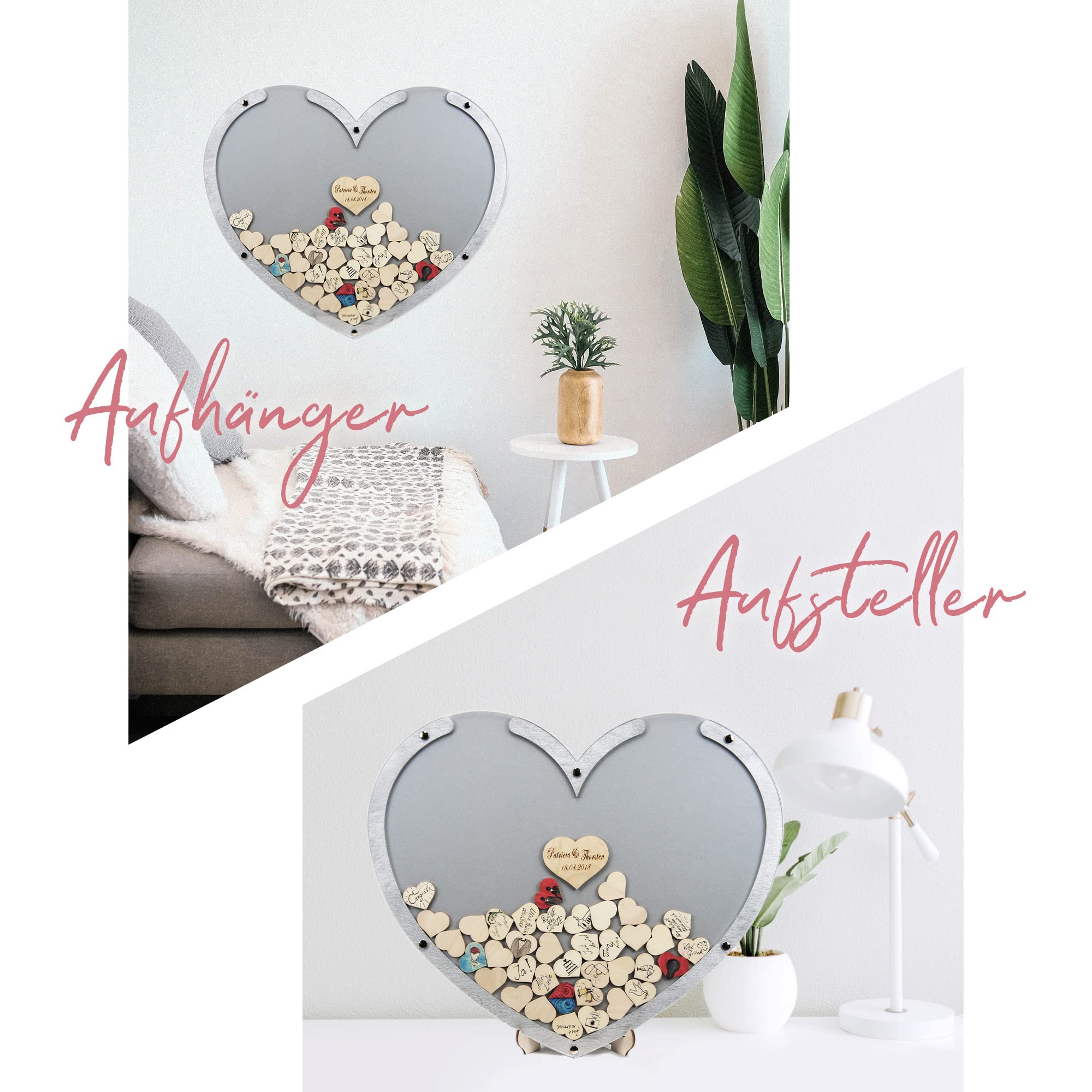 Edles Hochzeitsgästebuch, Herzform, Silber, Holz Herzchen - Personalisierbar mit Wunschgravur (Dekor Silber, L - 50 x 40 cm)