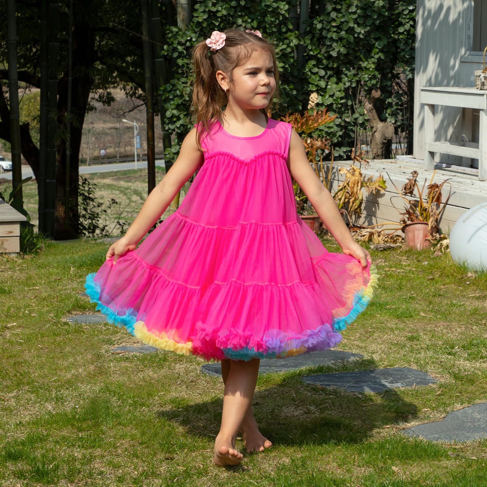 LACOFIA Vestido Tutú Niña con Capas de Tul Suave Vestido Verano de Princesa para Cumpleaños Bodas Fiesta 2-8 Años