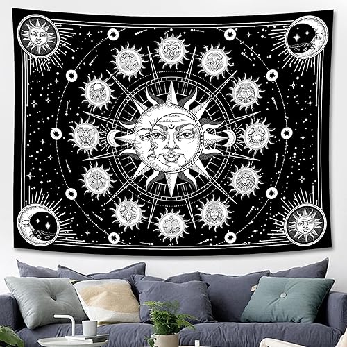Miniatura 4 de ARTCREATOR Tapiz de sol y luna del zodiaco para colgar en la pared, tapiz de constelación en blanco y negro, tapiz vintage de bruja de astrología,