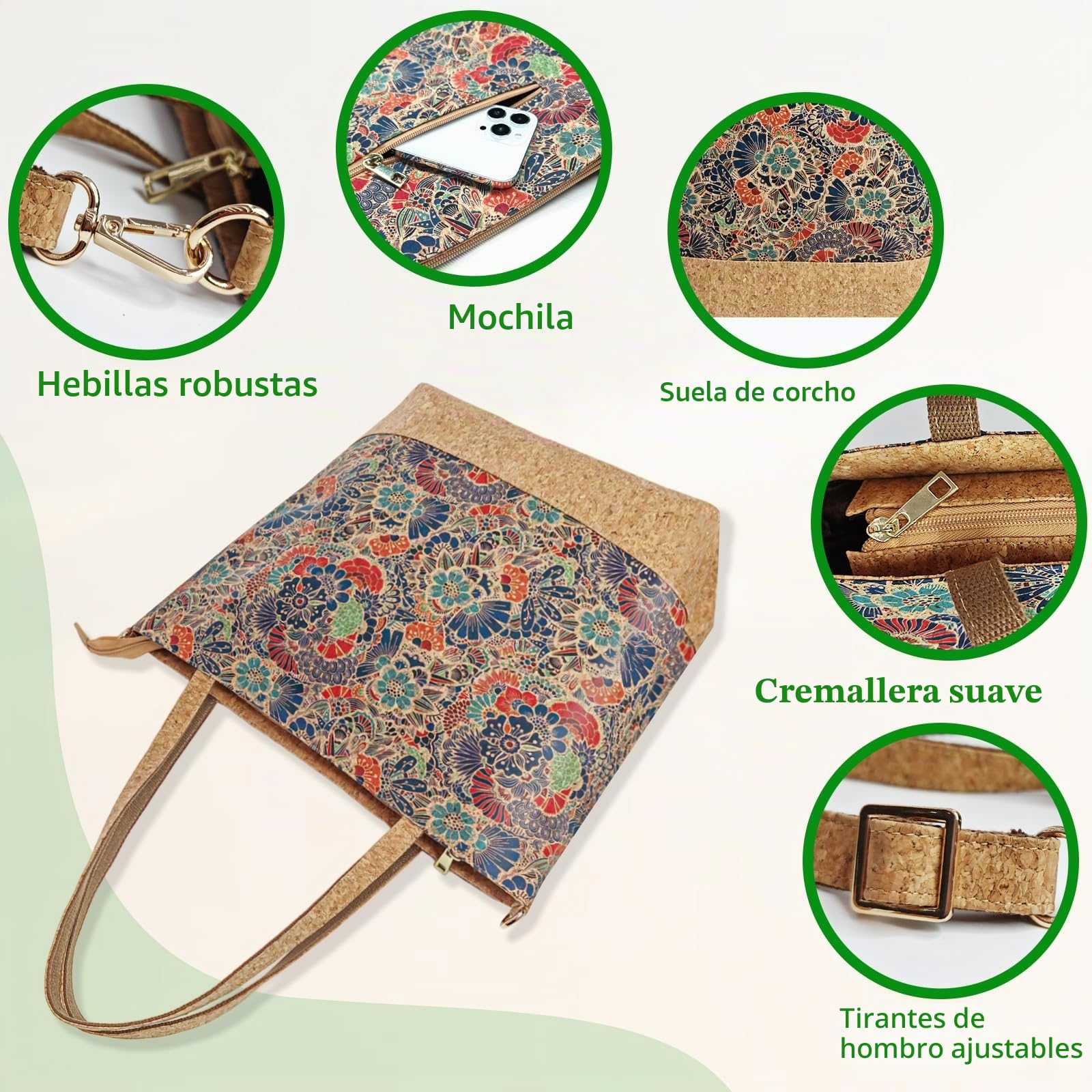 boshiho Bolso grande de corcho para mujer, bolso de mano y bandolera con 2 neceseres, para escuela, oficina, trabajo, viajes, excursiones, compras, madre, novia, como regalo