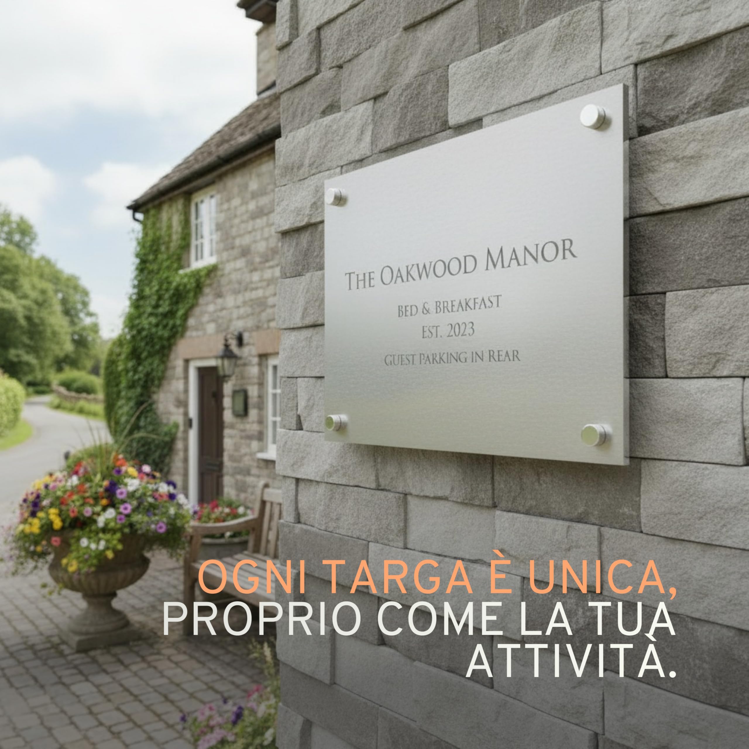 Targa Personalizzata per Case Vacanze, B&B e Studi – in Alluminio con Stampa UV – Biadesivo o Fissaggio a Muro – Resistente per Interno ed Esterno (Argento Satinato, 30x40cm)