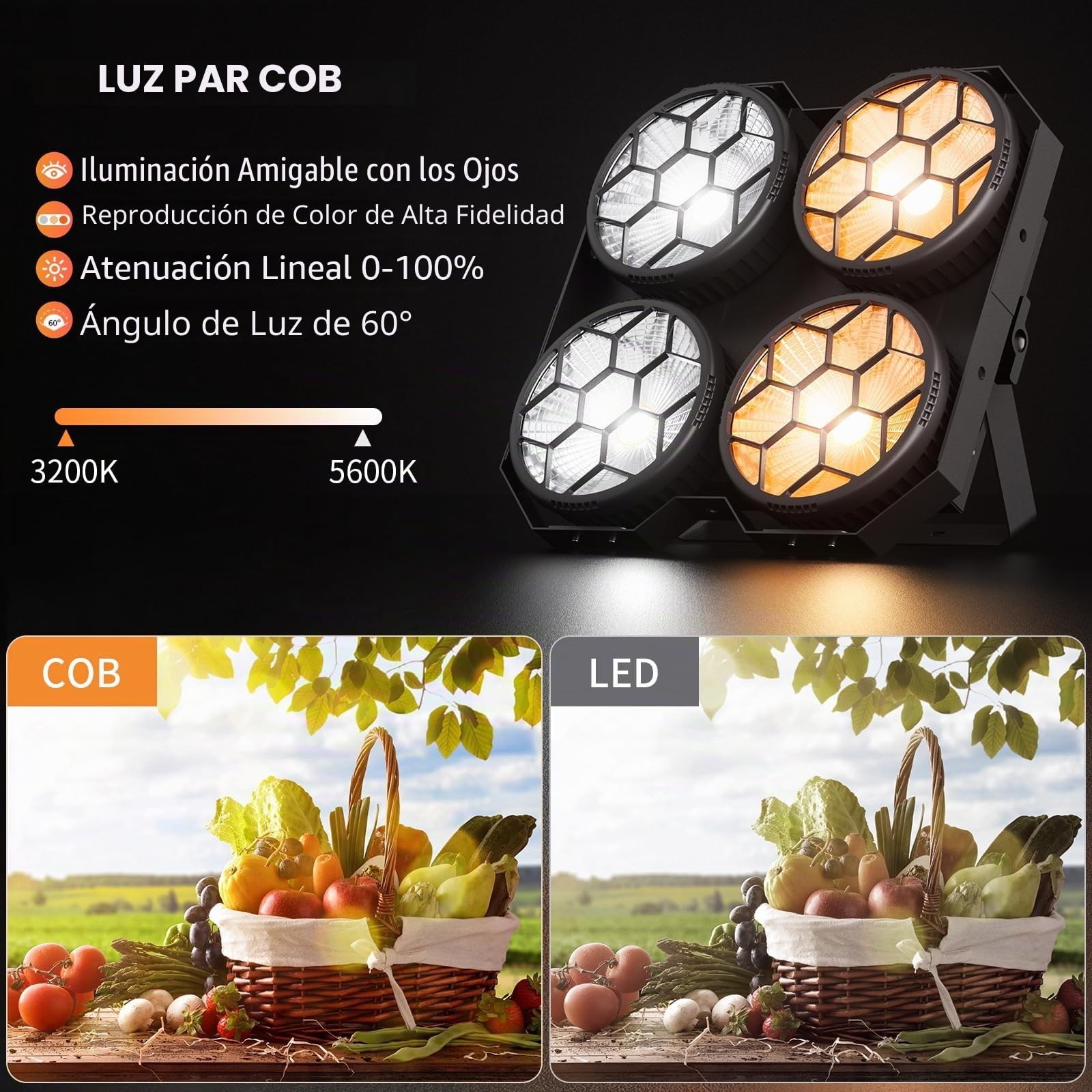 4x100W COB Par LED Foco Escenario lanco Frío/Cálido Luz de Escenario Estroboscópico 25+30 Efectos Luz de Foco para Fotografía Fiesta Cumpleaños Bar Discoteca