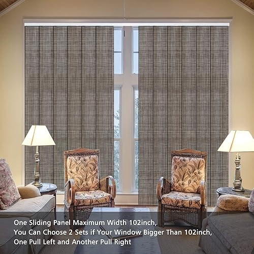 Miniatura 2 de Persiana de riel de panel deslizante, persianas verticales inalámbricas ajustables con filtro de luz marrón claro, persianas de ventana de tela