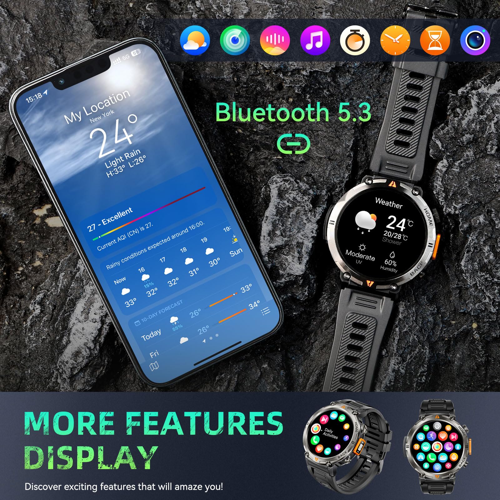 GPS Smartwatch Militare Uomo Impermeabile 3ATM con Torcia LED Bussola, 1,45" HD Rugged Smartwatch Orologio con Chiamate Bluetooth, Fitness Watch con Cardiaca SpO2 Notifiche WhatsApp per Android iOS