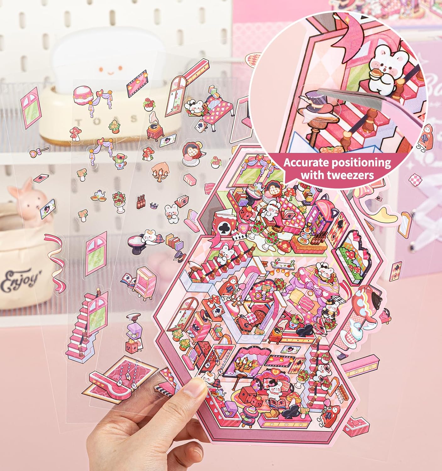 DIY 3D House Stickers, 4 Sets Fun DIY Stickers Scene Make Your Own Mini House Cute Cartoon Animal Scene Stickers for Kids Adult Sticker Art Relief Stress Pass The Time-Large Size