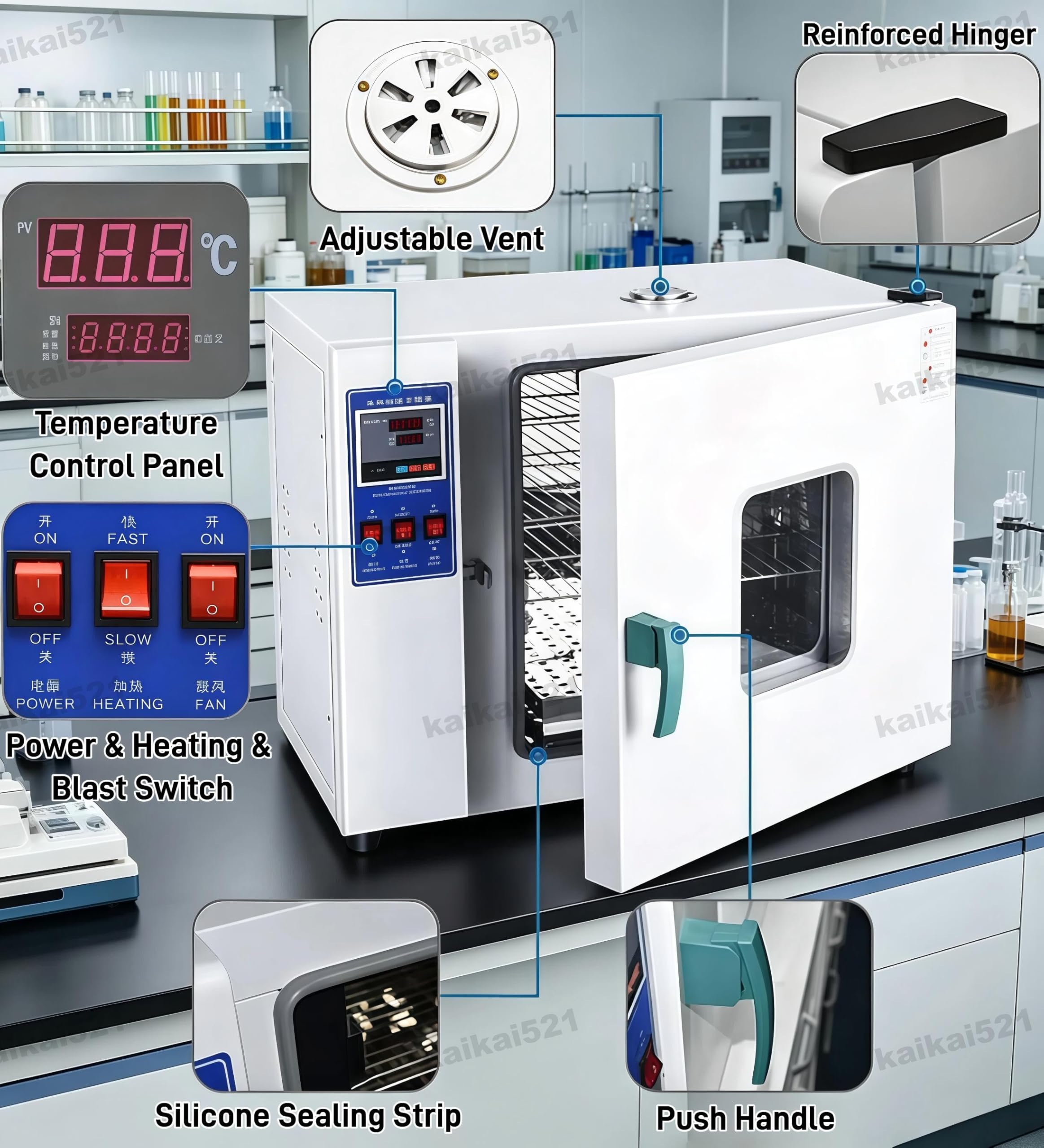 Estufa de Laboratorio, Estufa de Secado Industrial de 220 V, Horno de Secado Al VacíO Estufa de Secado de Laboratorio de ConveccióN Forzada Digital, Termostato EléCtrico RT+50°C~250°C (16l)