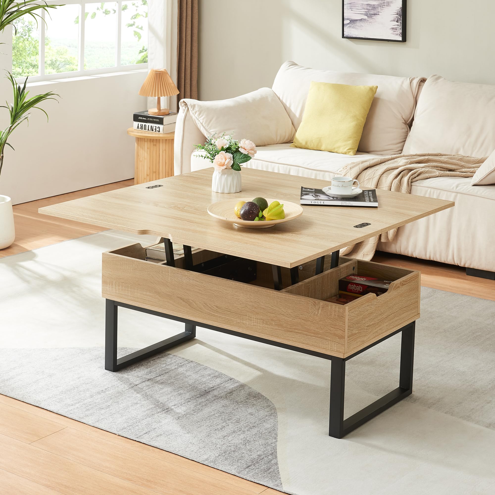 [en.casa] Mesa de Centro Rauli Mesa Baja Rectangular con Tablero Elevable y Extensible con 3 Compartimentos Internos Mueble Auxiliar Mesita para Salón 100 x 50 x 47 cm - Efecto Roble