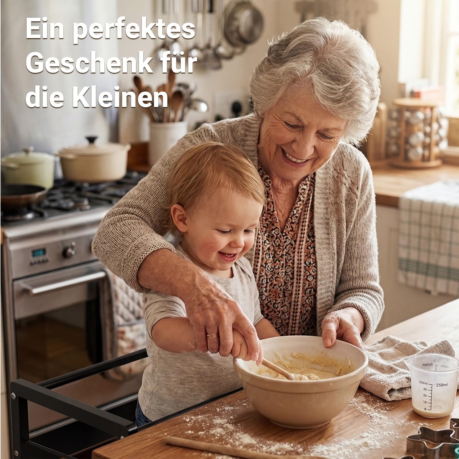 COSYLAND Lernturm ab 1 Jahr Montessori Learning Tower Stahl Stabil, Schwarz | Stabiler Toddler Tower mit 4 Stützfüßen & Rutschschutz. 3-fach höhenverstellbar für Kinder ab 2 Jahren in Küche.