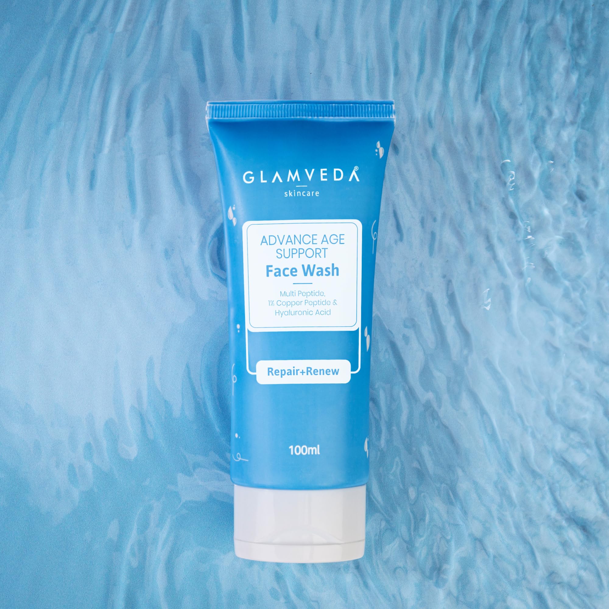 Glamveda Copper Peptide & Hyaluronic Acid Advance Age Support Face Wash | Anti Ageing & Firming | All Skin Types | Multi Peptide Complex & Centella Assiatica | 100ml