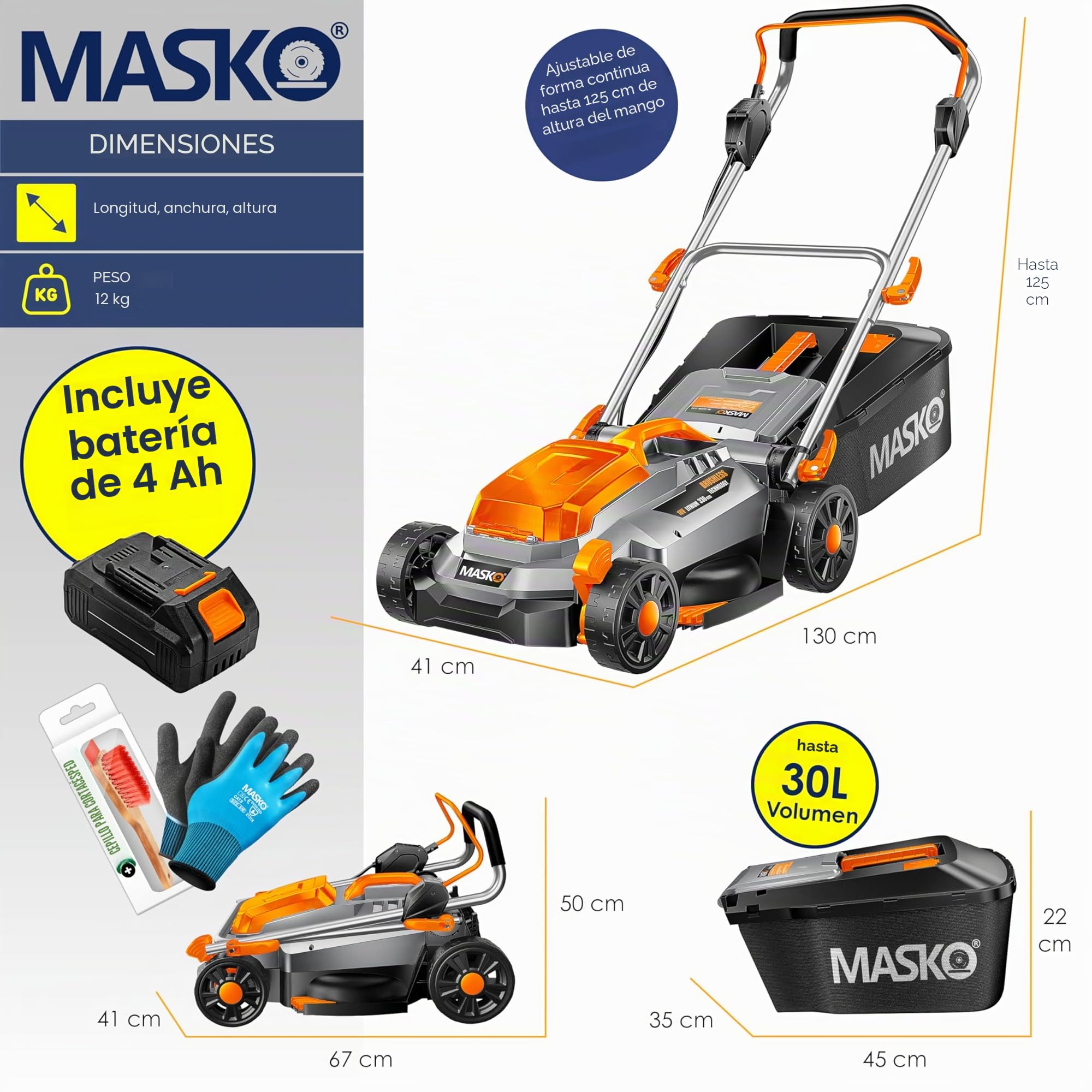 MASKO® Cortacésped con función de mantillo, Incluye Batería de Ion de Litio de 4 Ah y Cargador Doble, Ancho de Corte de 33 cm, 5 Posiciones de 25 a 75 mm, Altura Regulable, 30L hasta 150m²