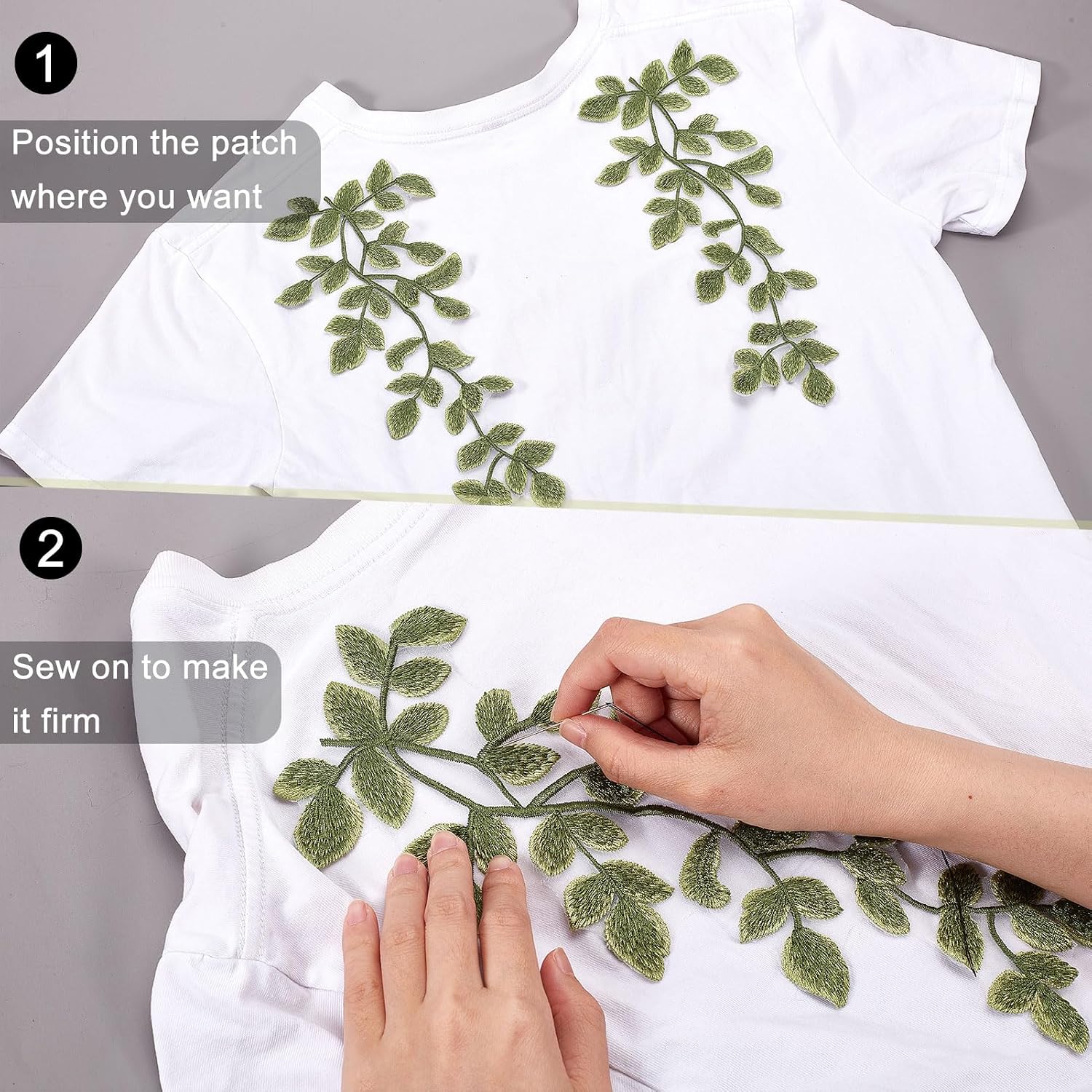 2 PCS Green Forest Leaves Lace Applique, Vine Sew on Applique Lace Trims, Embroidery Sewing Patches Decoration for Embellishment Costume Wedding Dress Craft DIY Projects